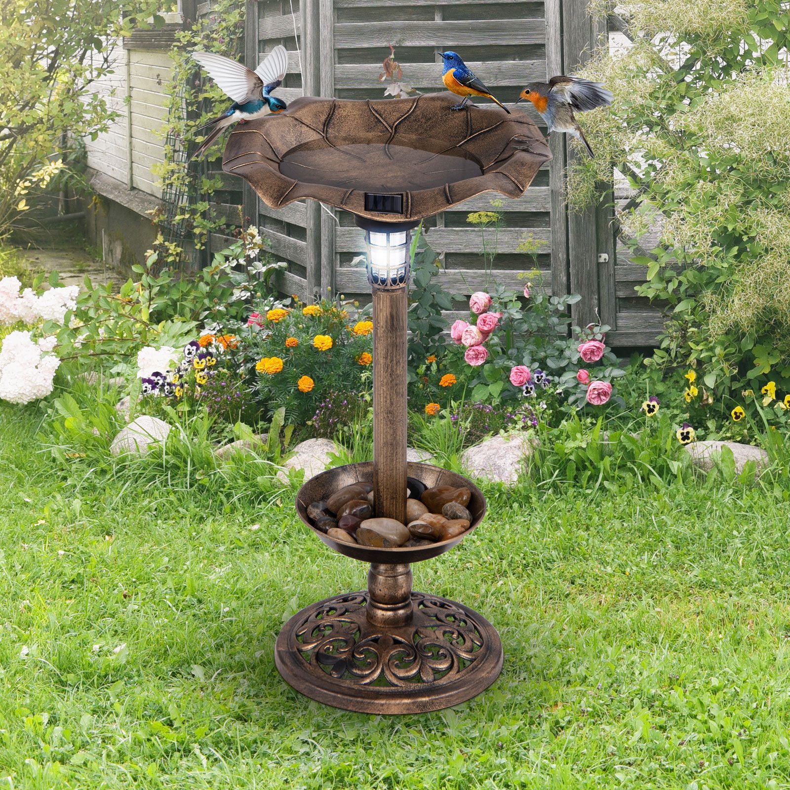 KOMFOTTEU Vogeltränke, Vogelbad Winterfest mit Solar Licht & Blumentopf günstig online kaufen