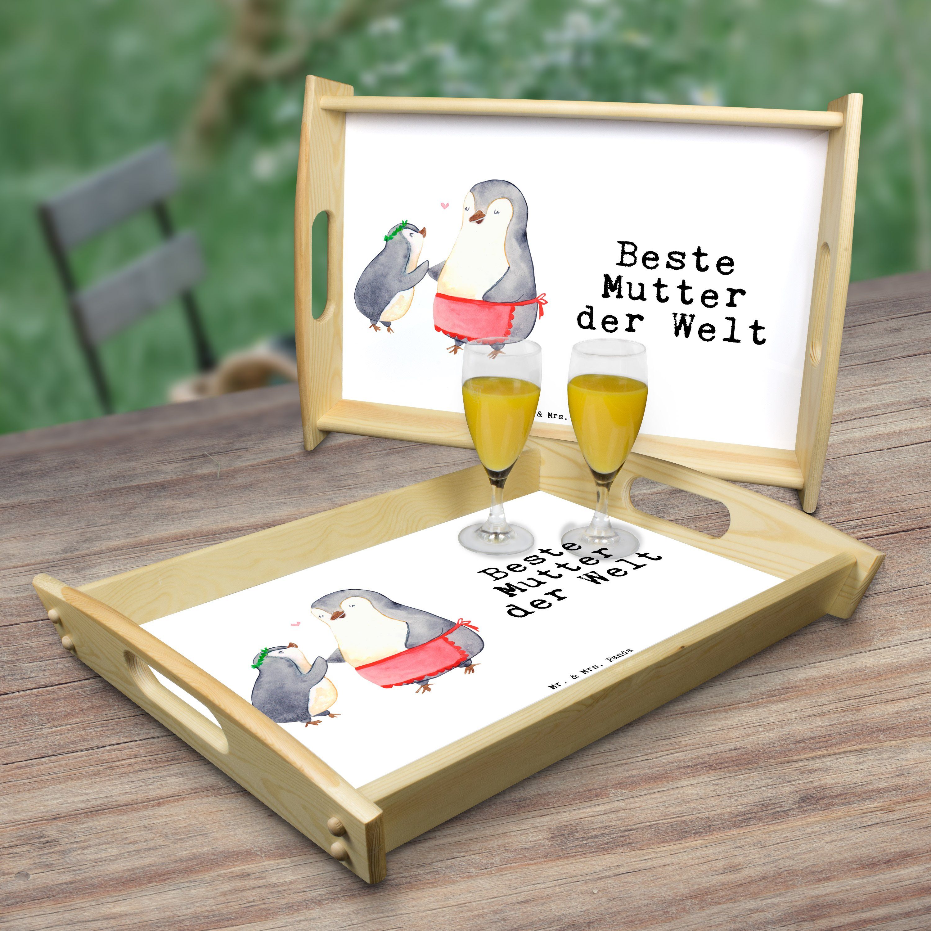 Mr. & Mrs. Panda Tablett Pinguin Dekotablett, Weiß Beste - Geschenk, lasiert, Tablett, der Echtholz Mutter - (1-tlg) Welt