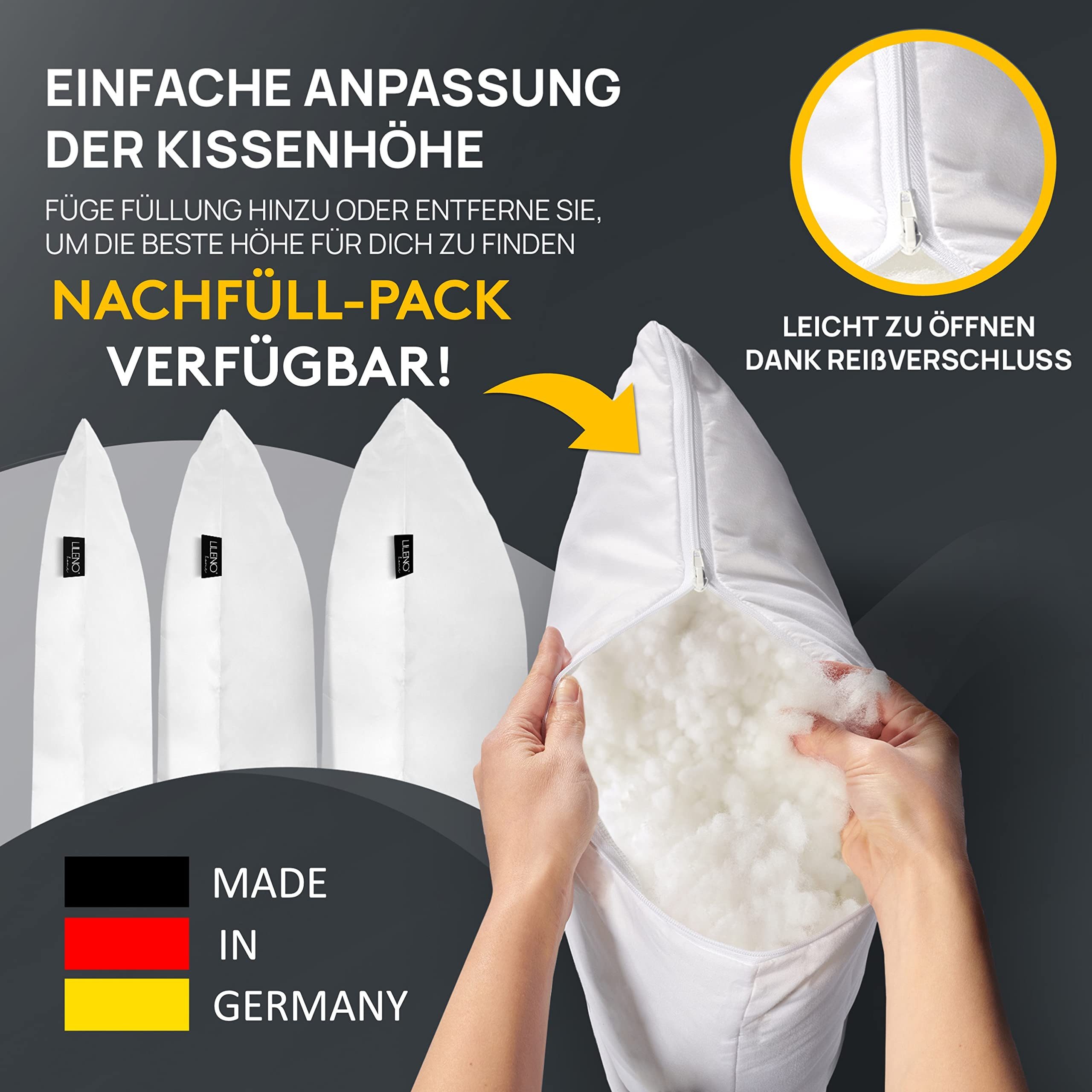 LILENO HOME Microfaserkissen - geeignet für Allergiker, in verschiedenen Größen - Made in Germany, Füllung: 100% Polyester, Rückenschläfer, Seitenschläfer, Bauchschläfer, Set, 1er Set, Kissen 40x40 cm mit Reißverschluss, als Bettkissen oder Dekokissen