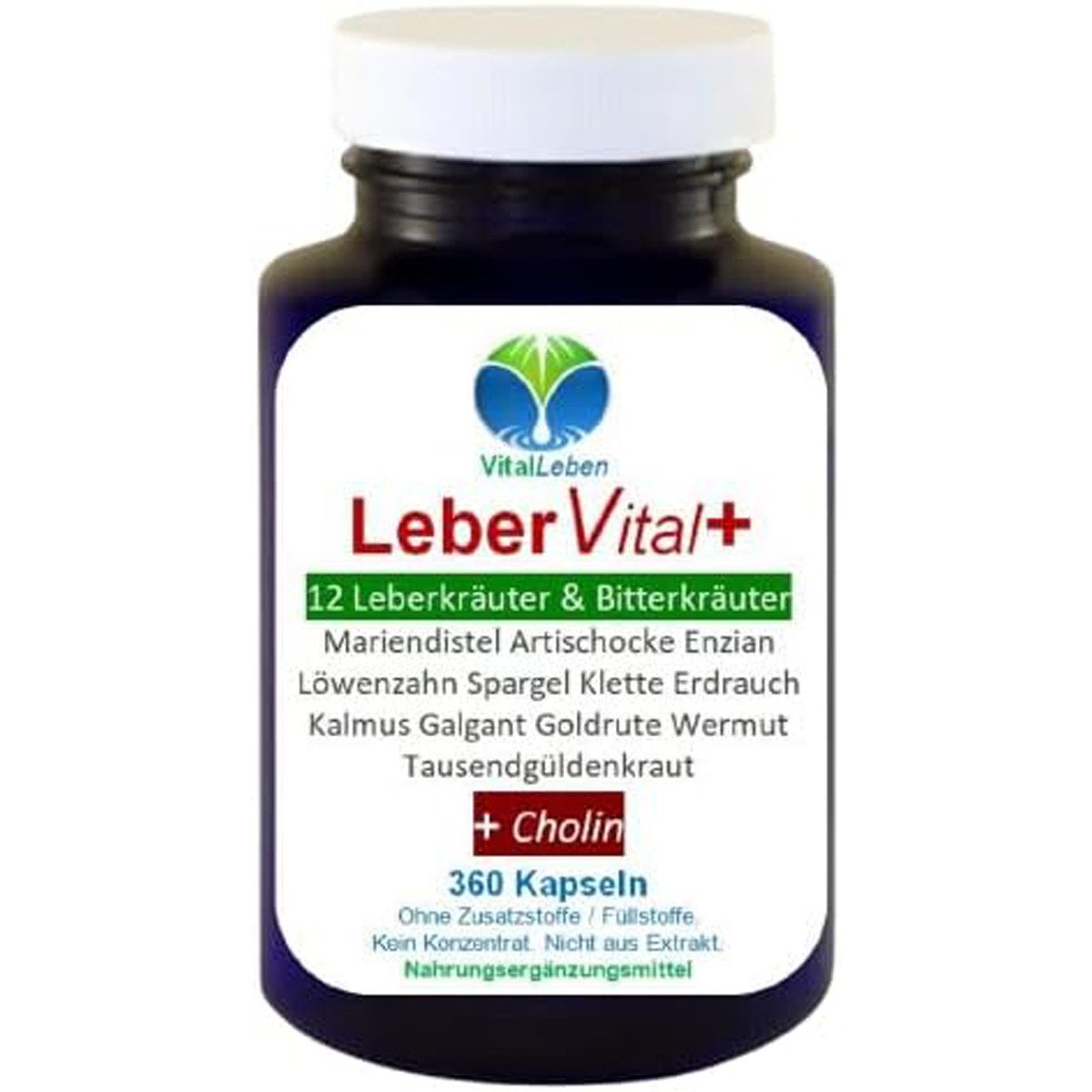 VitalLeben LEBER Vital Komplex 12 Kräuter & Bitterstoffe + CHOLIN Kapseln, 1 er Dose à 360 St., 172,8 g