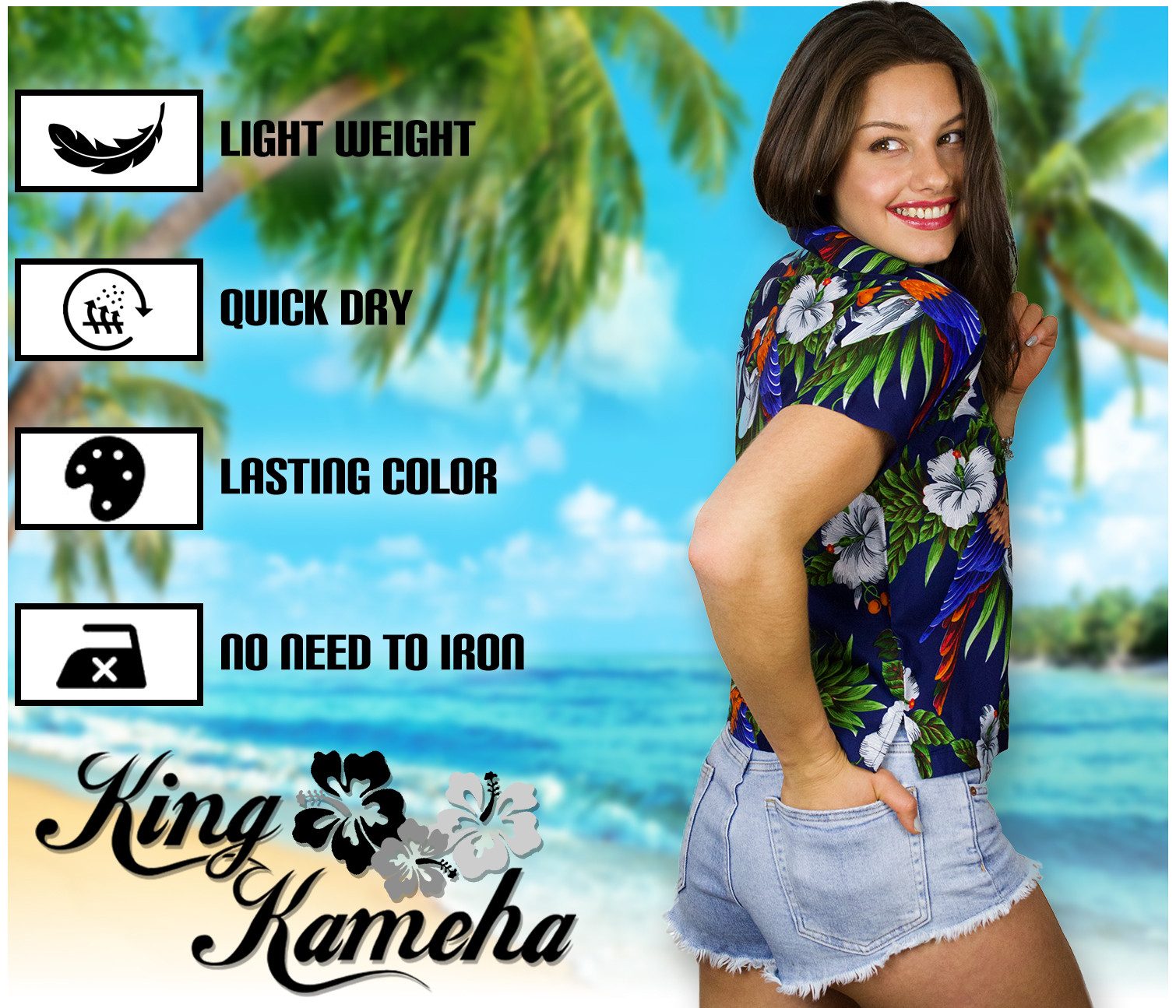 King Kameha Hawaiihemd Cherryparrot Funky Hawaiibluse Damen Kurzarm Front-Tasche Stylish