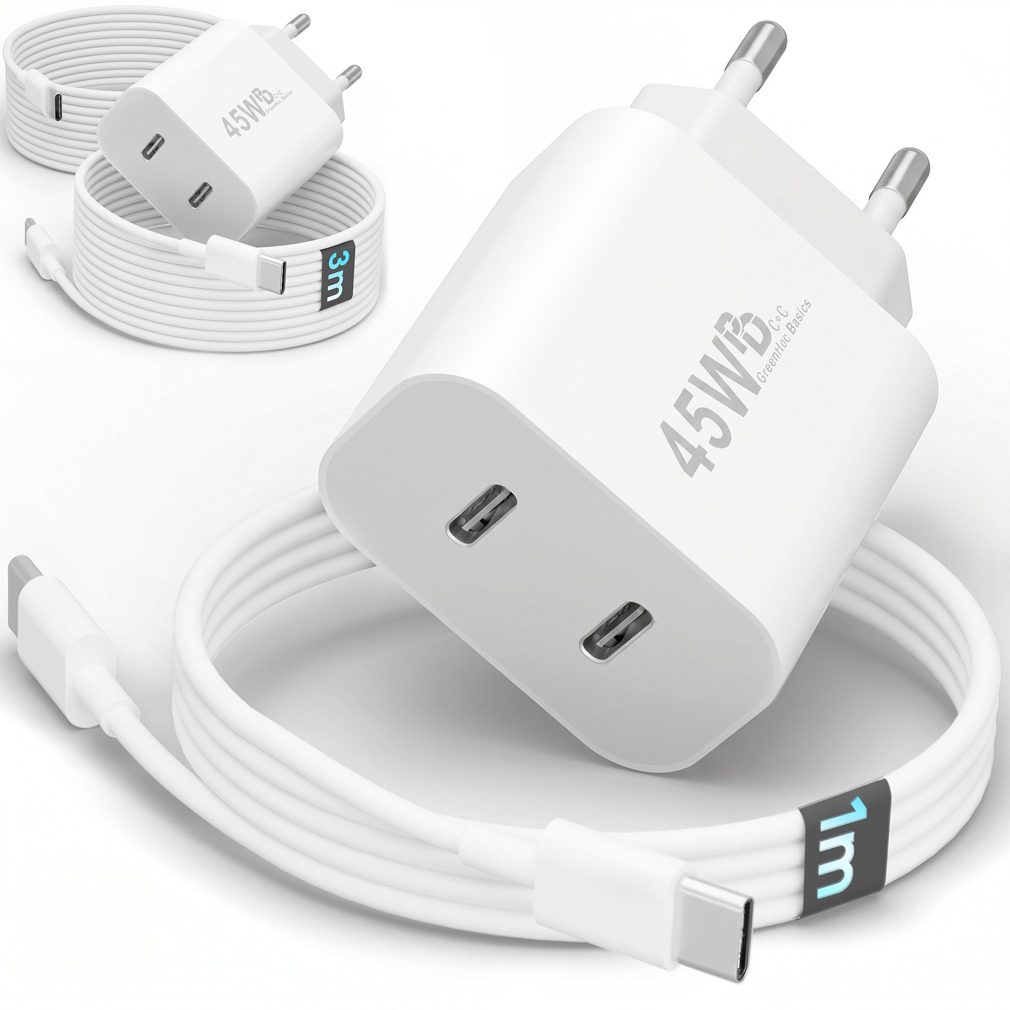 GreenHec USB C Schnellladegerät 45w Samsung Galaxy S26 S25 S24 S23 S22 S21 Fast Schnelllade-Gerät (Spar-Set, 45w USB-C Dual Charger + 1m Kabel, S26+ Ultra FE Ladegeräte USBC Handy Charger Netzteil Adapter Zubehör)
