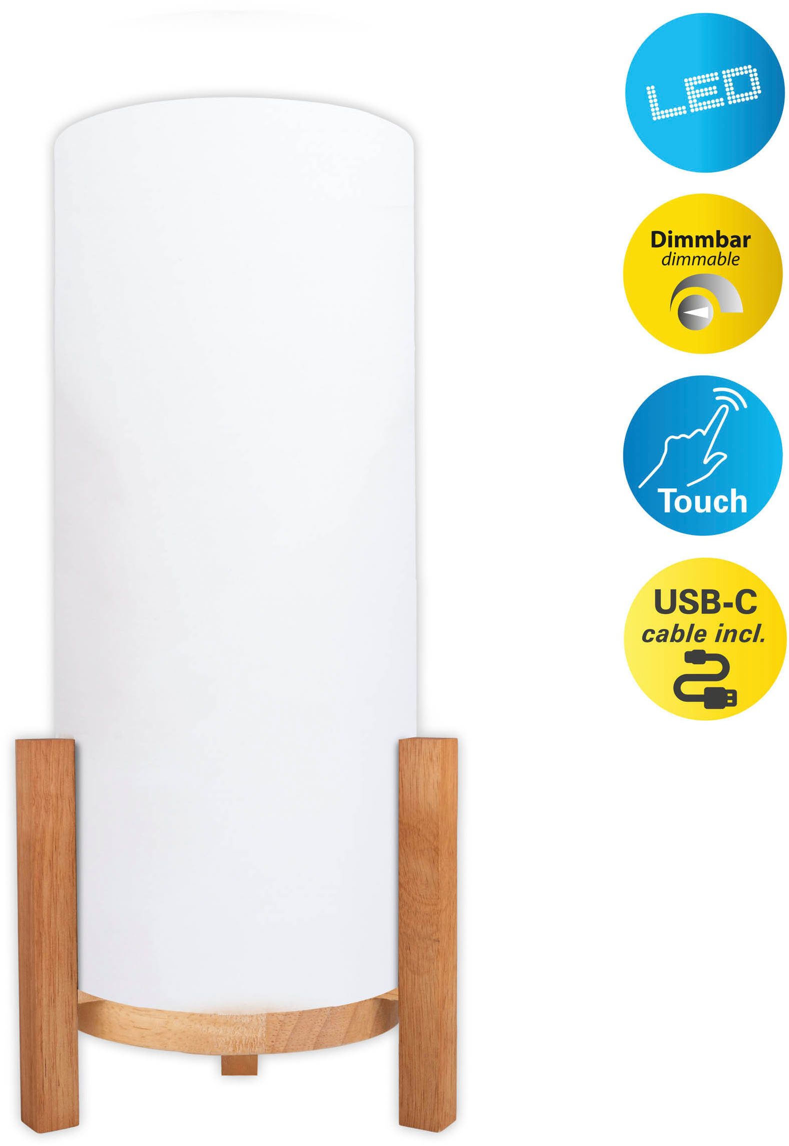 näve LED Tischleuchte Madita, Ein-/Ausschalter, LED wechselbar, Warmweiß, Akkubetrieb, inkl. USB-C-Kabel, Holzgestell, Textilschirm, dimmbar
