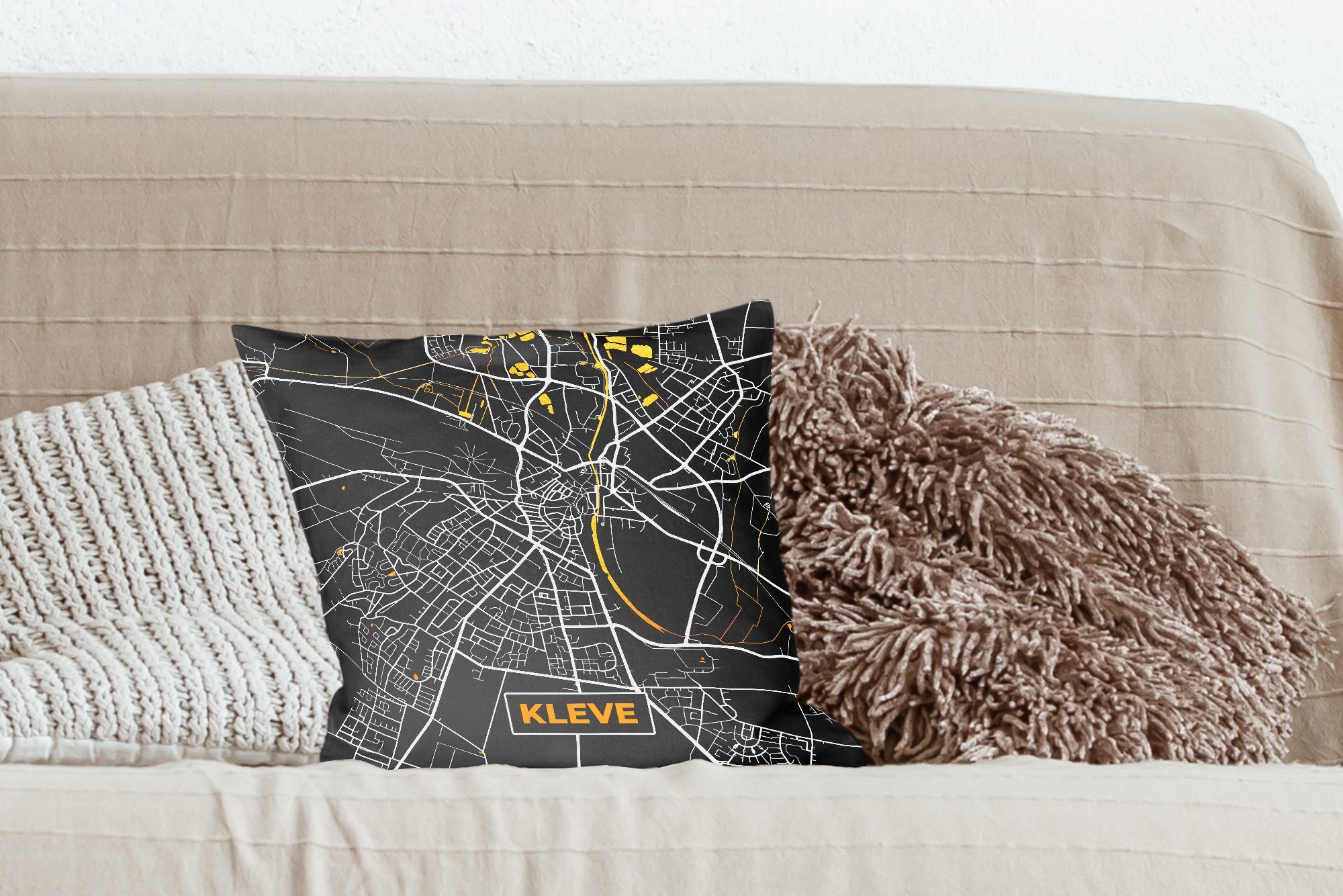 Schwarz für Zierkissen Schlafzimmer, Karte, mit MuchoWow - Kleve Deko, Deutschland - - Stadtplan und Dekokissen - Füllung Gold Sofakissen Wohzimmer,