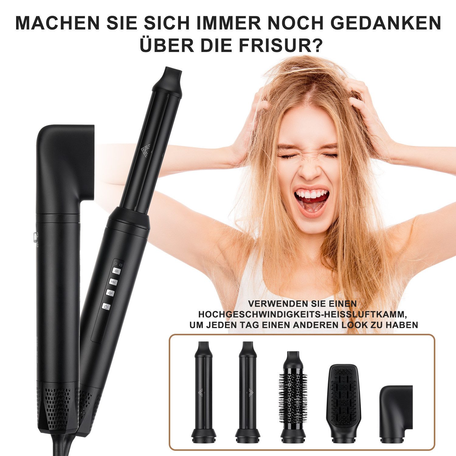 oyajia Multihaarstyler 5-in-1 Heißluftstyler Lockenstab Glätter Föhn Volumen Hitzeschutz1300W, 3D-Airflow-Technologie für Styling ohne Hitzeschäden