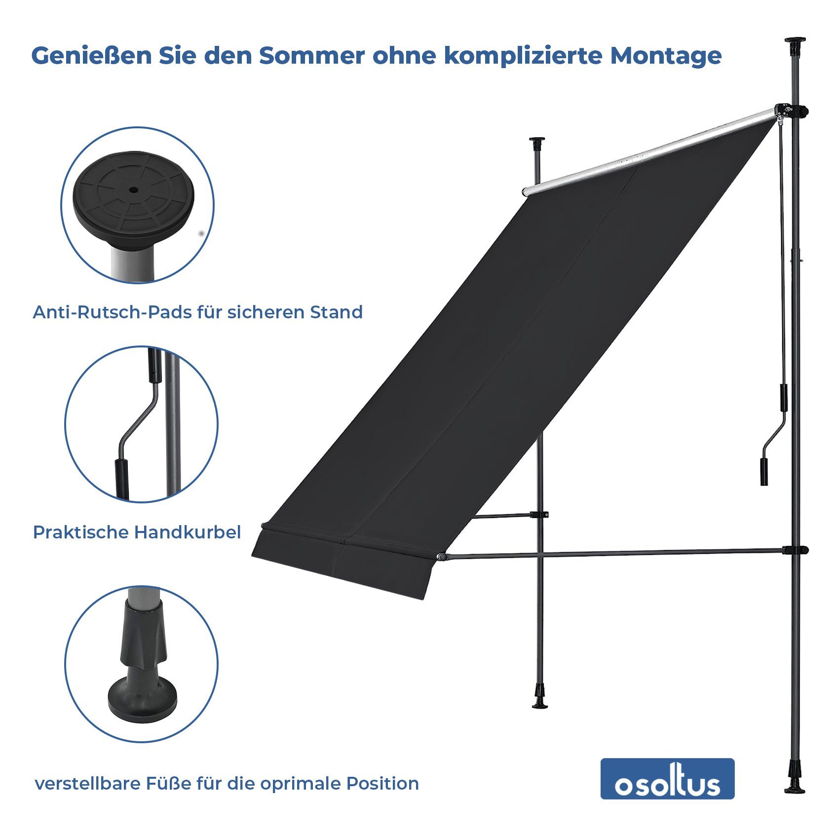 osoltus Sonnenschirm osoltus Balkon Klemmmarkise 250 x 130cm Balkonmarkise Sonnenschutz
