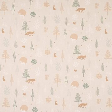 SCHÖNER LEBEN. Stoff Dekostoff Cold Forest Animals Bäume Waldtiere beige grün weiß 1,40m, pflegeleicht