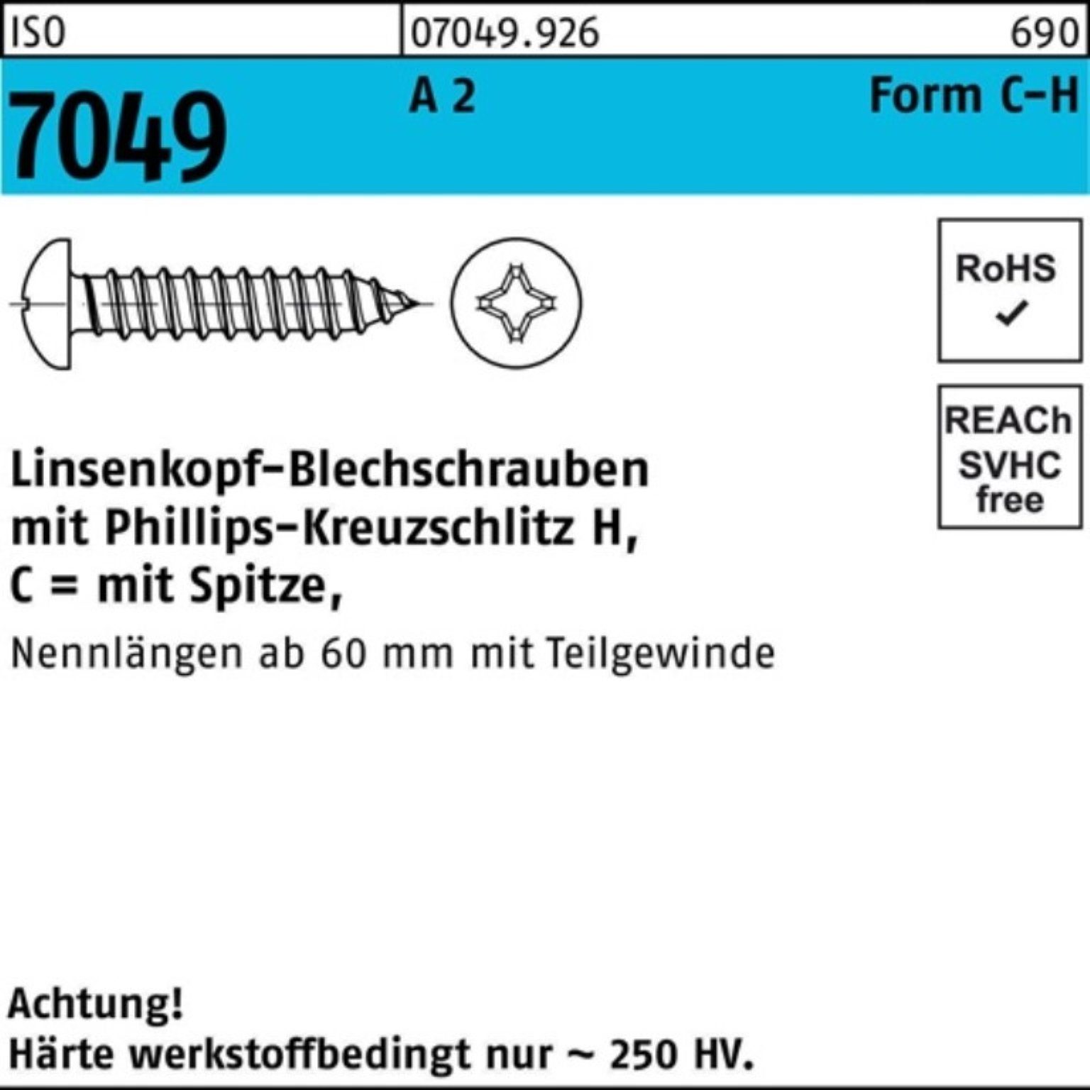 Reyher Blechschraube 100er Pack Blechschraube ISO 7049 LIKO Spitze/PH C 5,5x 16-H A 2 100 S