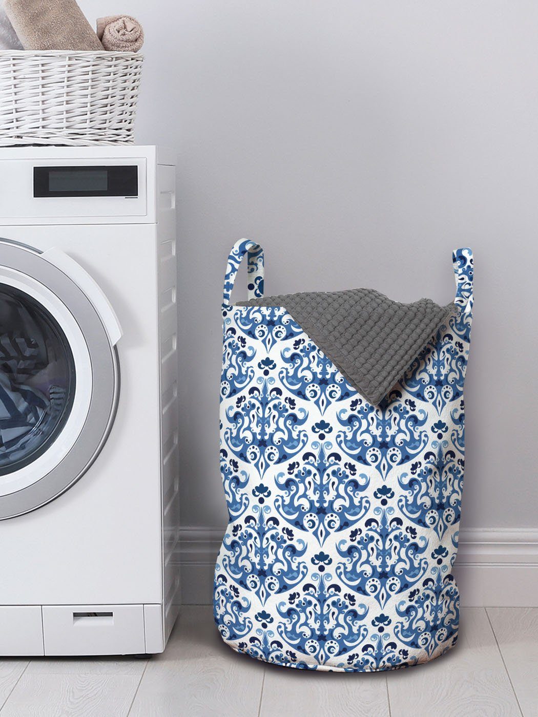 mit Wäschekorb Indigo-viktorianischer Wäschesäckchen Waschsalons, Griffen für Blau Kordelzugverschluss Abakuhaus Entwurf
