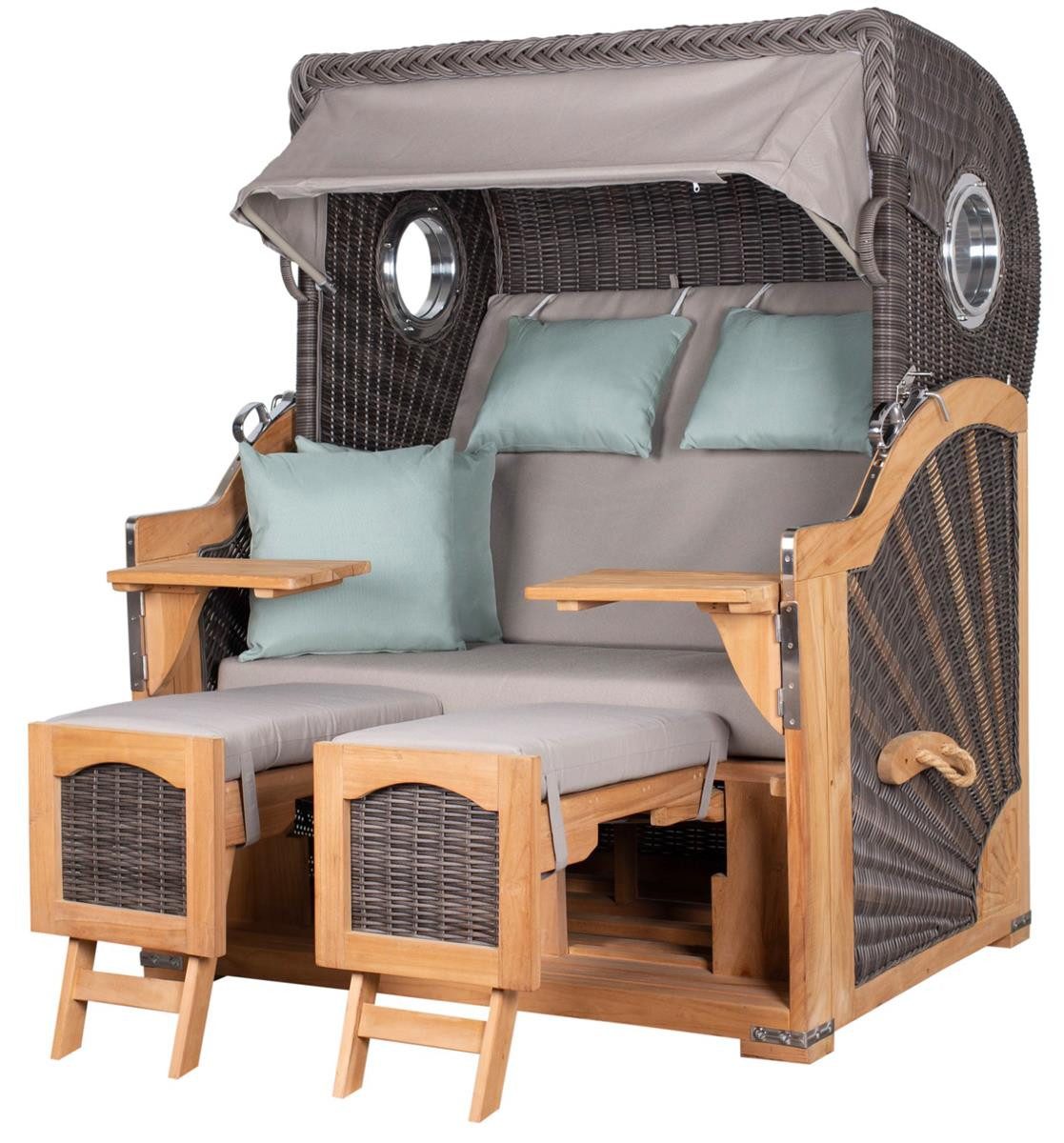 deVries PURE® Strandkorb Seemöwe XL - PE stone grey - Dessin 483, BxTxH: 140x95x160 cm, Halblieger, Ostsee-Strandkorb, Teakholz - Bullaugen - Kissenausstattung und Schutzhülle