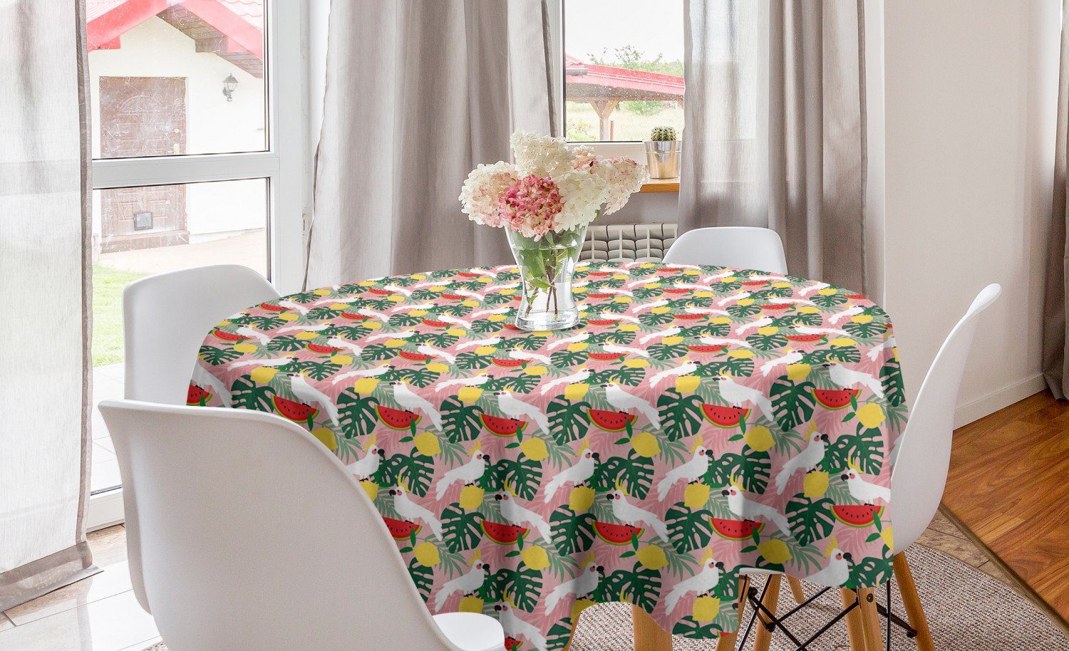 Abakuhaus Tischdecke Kreis Tischdecke Abdeckung für Esszimmer Küche Dekoration, Sommer Cockatoo Parrot Watermelon