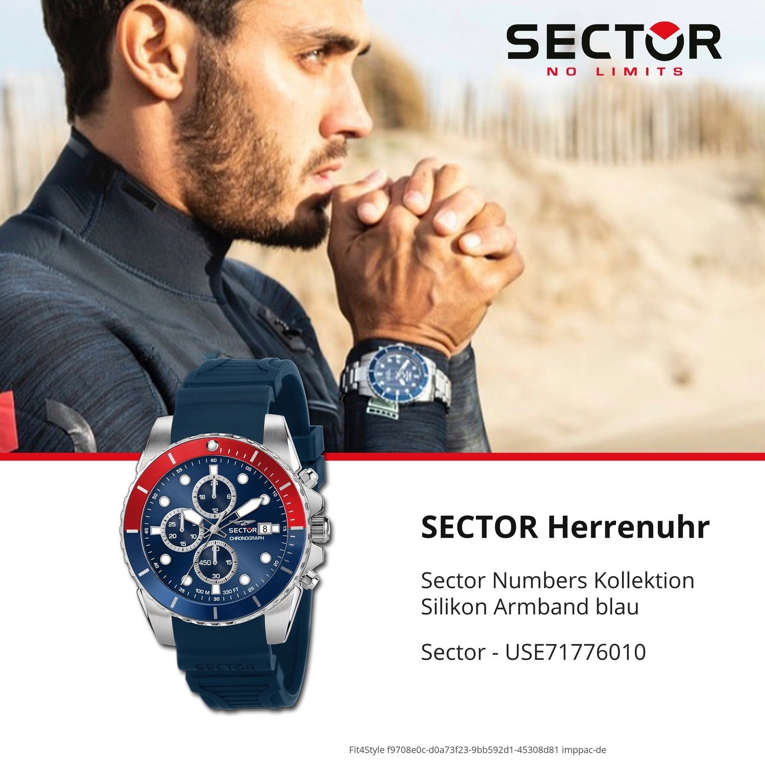 Herren groß Sector Elegant blau, (41,2x39mm) Silikonarmband Chronograph Armbanduhr Herren rund, Sector Chrono, Armbanduhr