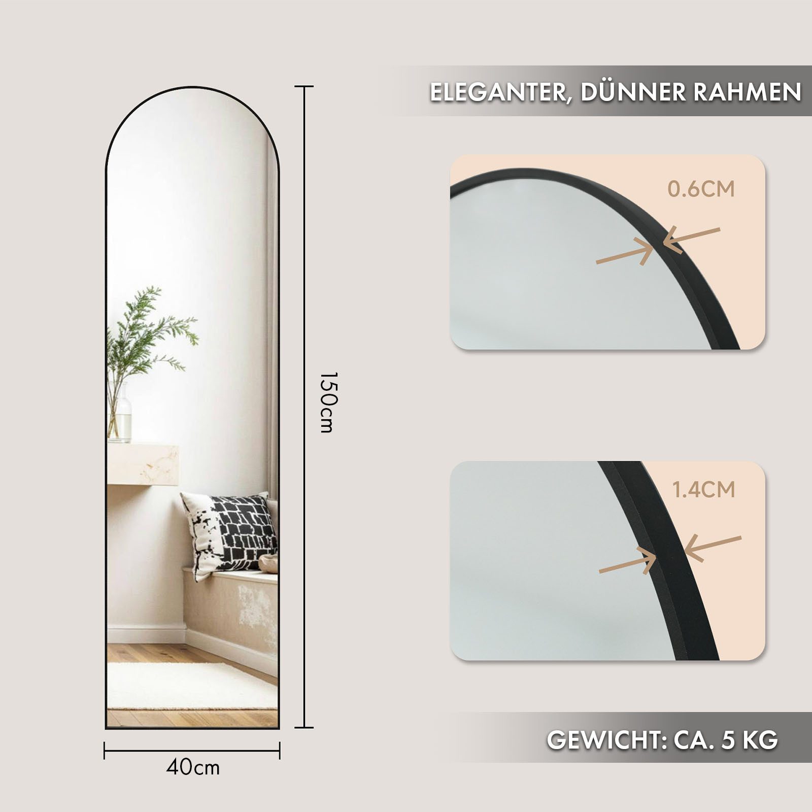 Floordirekt Ganzkörperspiegel Madison mit Bruchsicherem Glas, Freistehend oder Wandmontage (mit Aluminiumrahmen), Anti-Glassplitter-Sicherheitsfolie, mit Standf – Bild 4 von 5