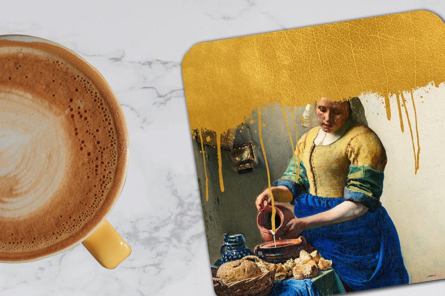 MuchoWow Glasuntersetzer Milchmädchen - Glasuntersetzer, Tischuntersetzer, Vermeer, für Zubehör Untersetzer, 6-tlg., Korkuntersetzer, - Tasse Gläser, Gold