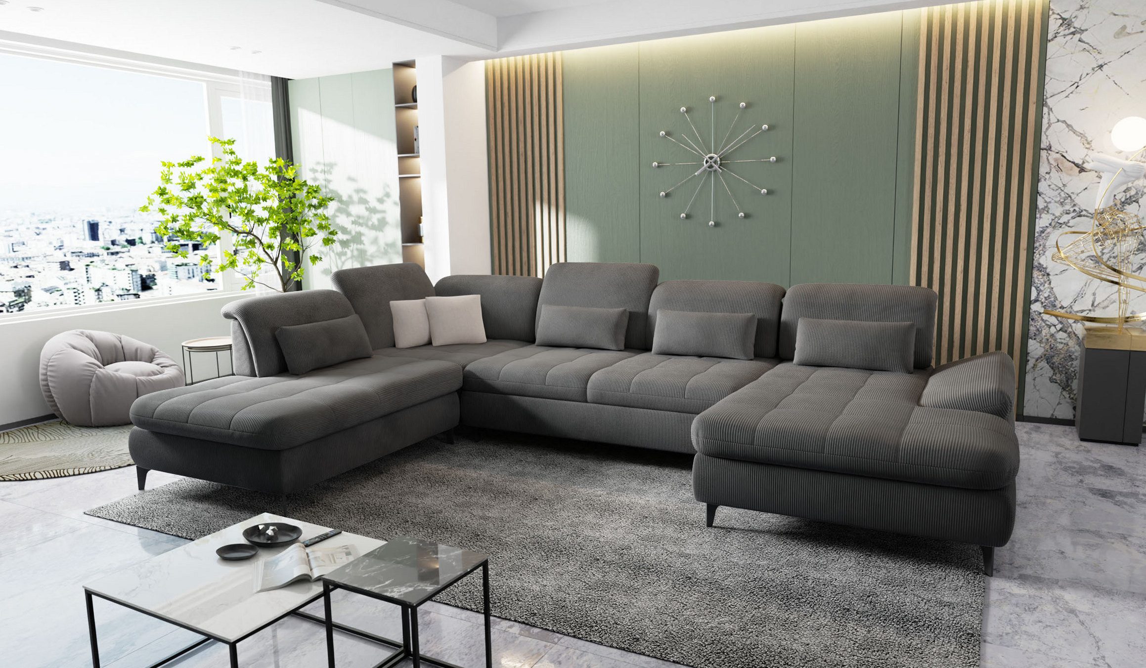 Hygger Möbelhaus Wohnlandschaft Nola U-Form XXL in Cord, mit Schlaffunktion und 2 Bettkästen, Eckcouch B × T₁ / T₂: 370 × 170/230 cm, inkl. Sitztiefenverstellung, Kopfteilverstellung, Armteilverstellung