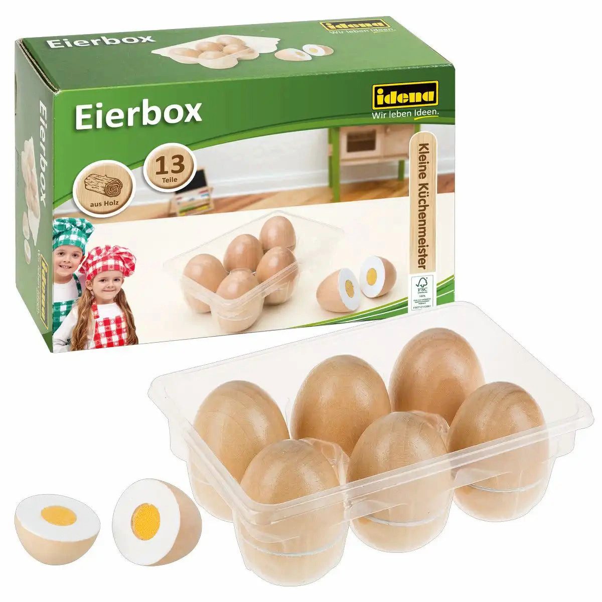 Idena Spiel Idena Eierbox mit 6 Eiern aus Holz schneidbar