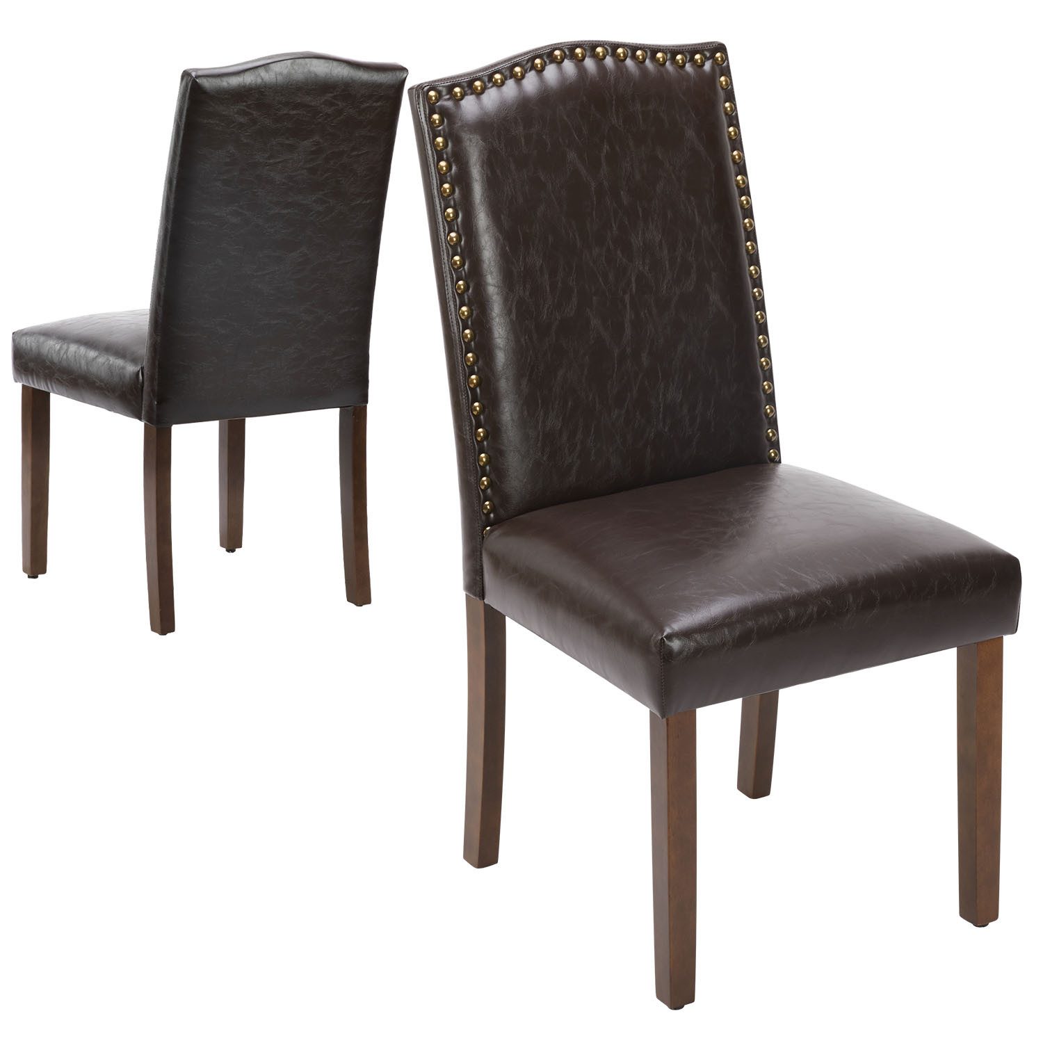 IDEASY Esszimmerstuhl Esstisch und Stühle zweiteiliges Set mit Nagelkopf Rückenlehne Stuhl (Ergonomischer Esszimmerstuhl aus Massivholz für Küche, Esszimmer und Wohnzimmer), Gepolsterter Predigerstuhl aus dunkelbraunem PU-Leder ohne Armlehnen