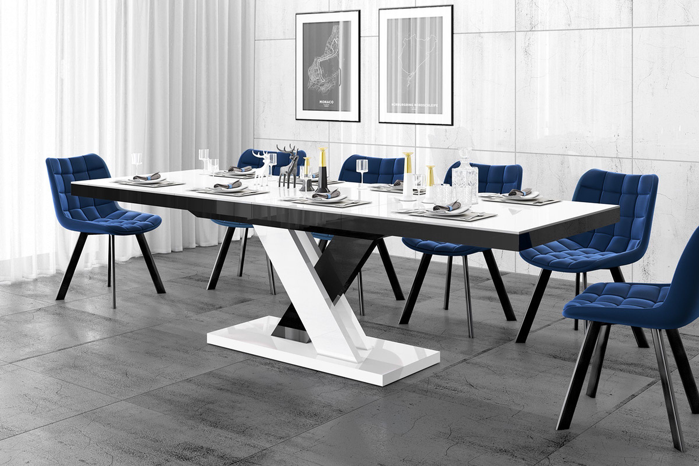 designimpex Esstisch Design Tisch HEN-111 Weiß - Schwarz Hochglanz ausziehbar 160 bis 256cm Weiß Hochglanz / Schwarz Hochglanz