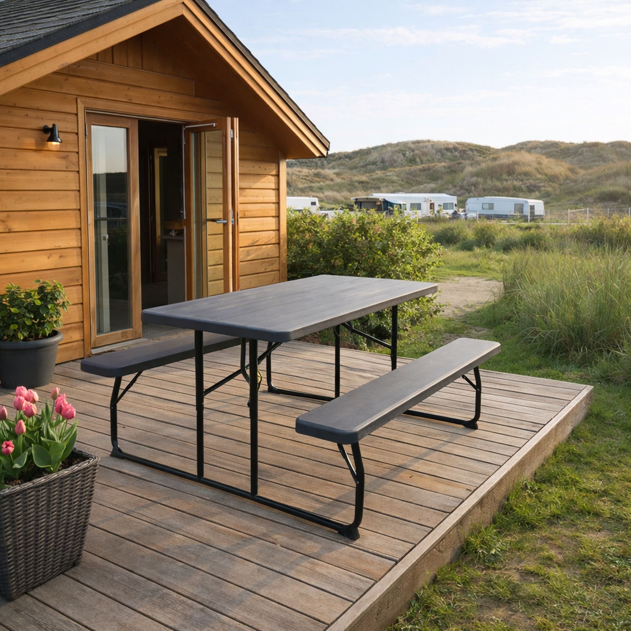 Leco Bierzeltgarnitur Bierzeltgarnitur Carina anthrazit klappbar - flexibel verwendbar, (1 Tisch, 2 Bänke, 4 Sitzplätze), Bestehend aus 2 Bänken und 1 Tisch, für 4 Personen