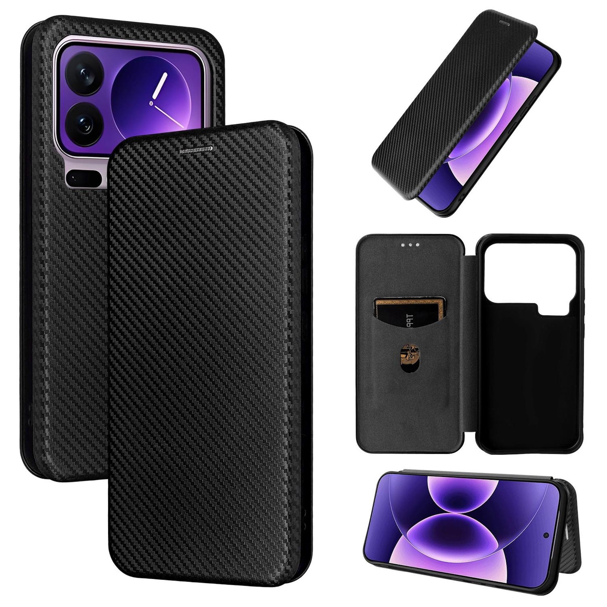 Wigento Smartphone-Hülle Für Xiaomi 17 Pro Max Carbon Textur Design Flip Schutzhülle Schwarz, Carbon Faser Flip Schutzhülle mit Kartenfach und Ständer
