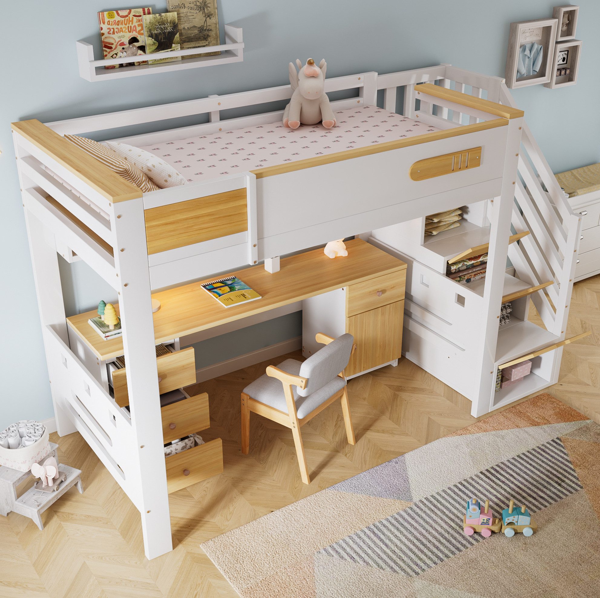 MODFU Hochbett Jugendbett mit Schreibtisch und praktischen Ablagen (Holzbett 90x200 cm, mit Treppenregal, Schubladen und viel Stauraum, Kinderbett Stauraumbett) ohne Matratze
