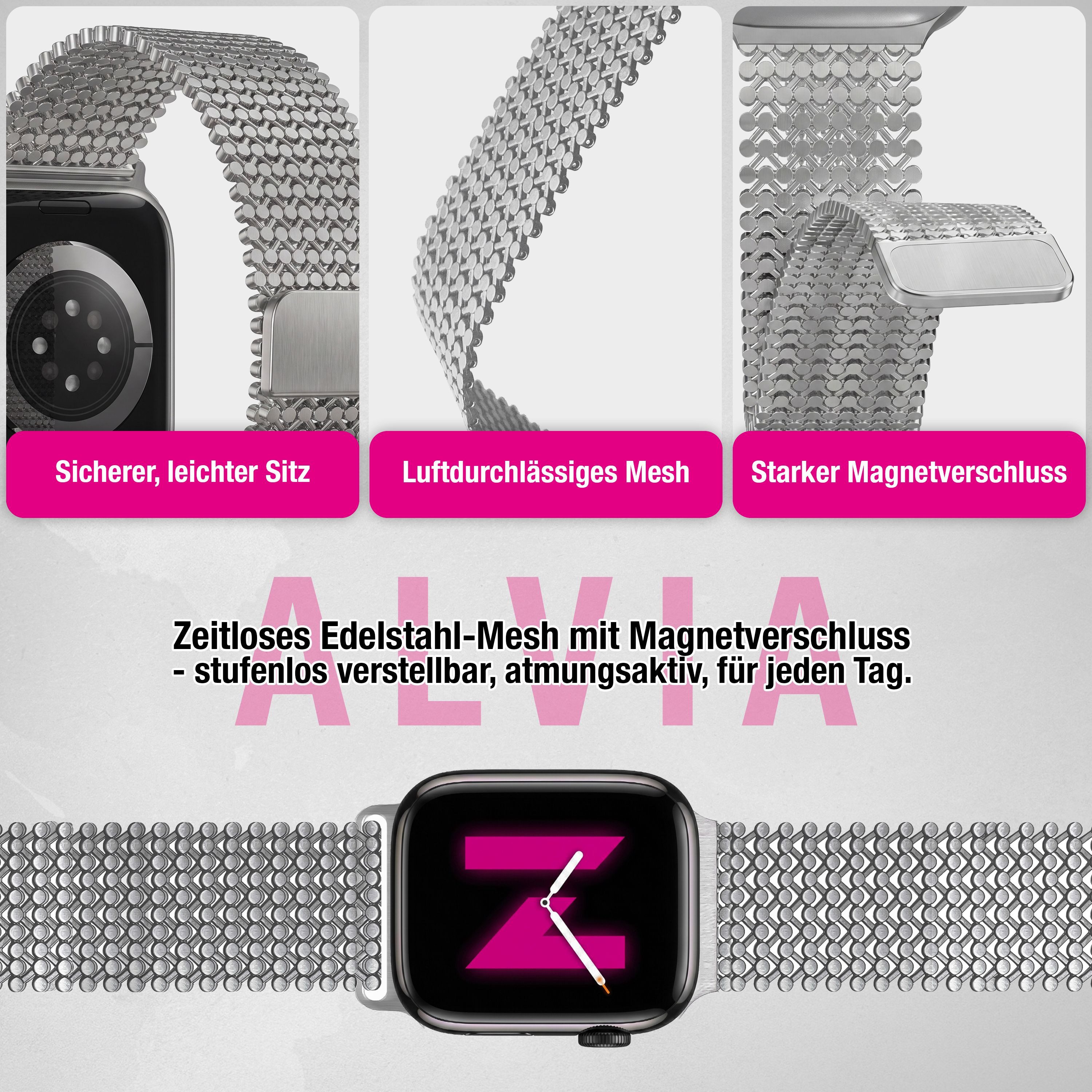 Nalia Smartwatch-Armband Apple Watch 38mm/40/41/42(Serie 10/11), Elegantes Edelstahl Ersatzarmband / für Fitness Uhr / Mesh Struktur