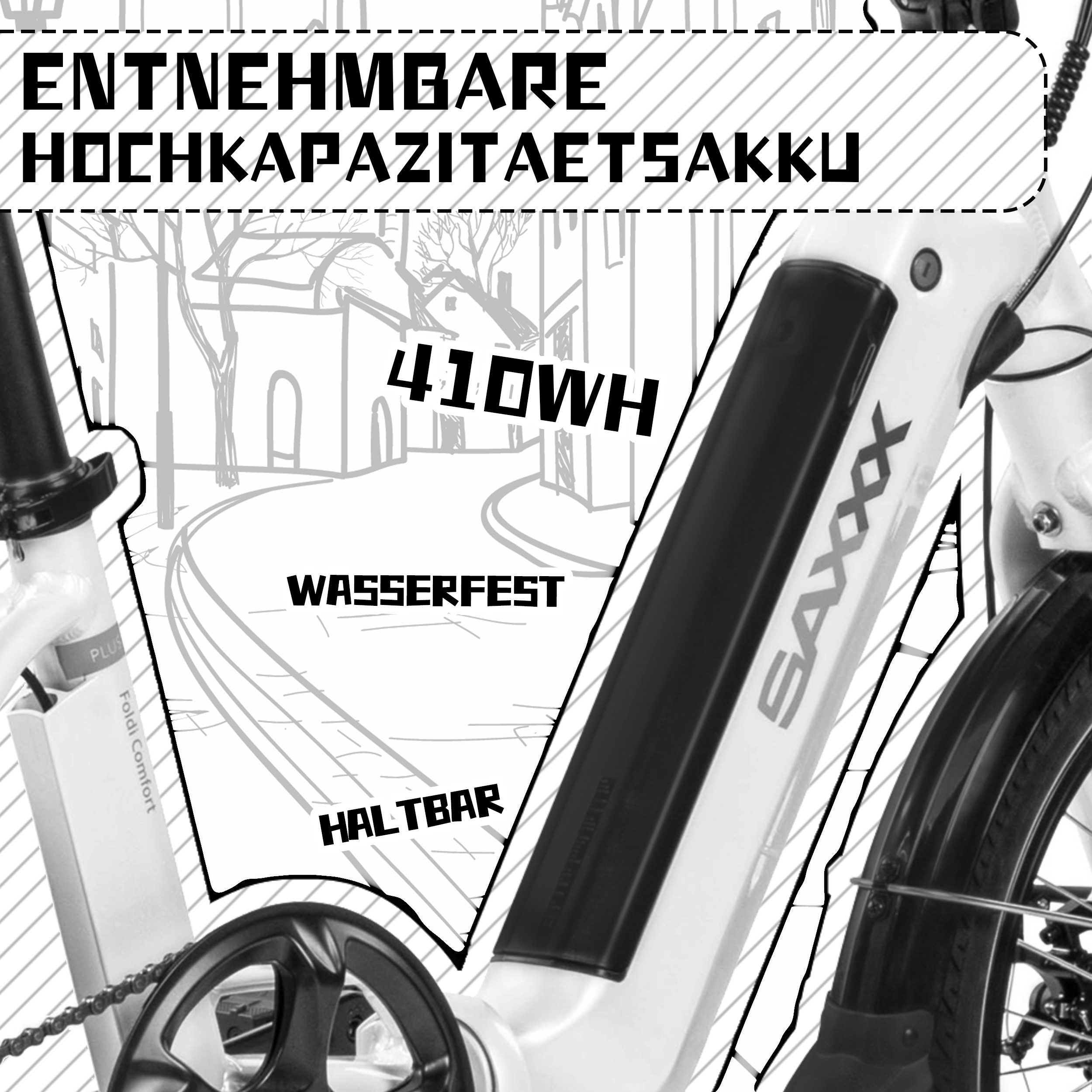 SAXXX E-Bike Klapprad 20x2,3'' Damen und Herren, SAXXX Pedelec 410Wh, max. 120km, nur 24kg, 7 Gang Shimano Nexus Schaltwerk, Kettenschaltung, Heckmotor, 410 Wh, (abnehmbarer Akku, 250W bürstenloser Hinterradmotor, 95% vormontiert), Faltrad E-Bike, Tiefeinsteiger, Gepäckträger bis 25 kg