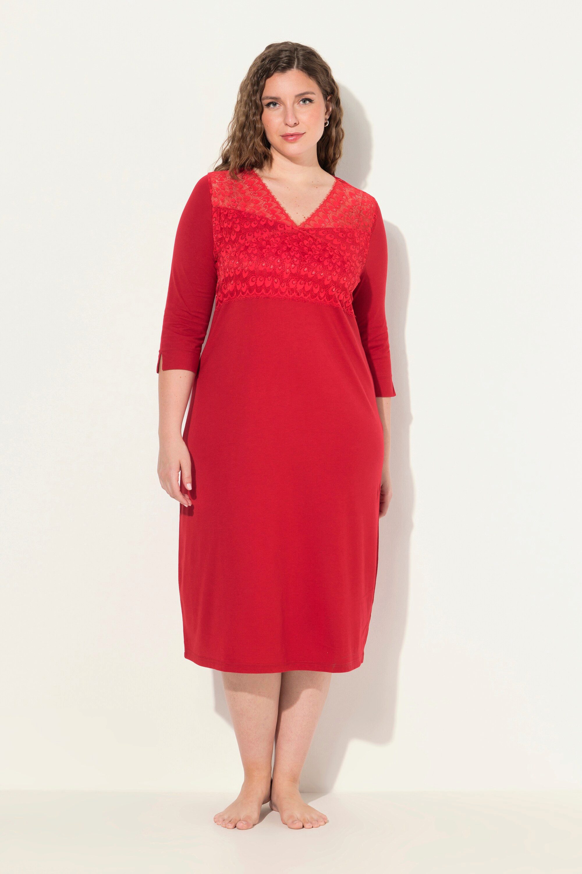 Ulla Popken Nachthemd Nachthemd Spitzeneinsatz V-Ausschnitt 3/4-Arm günstig online kaufen