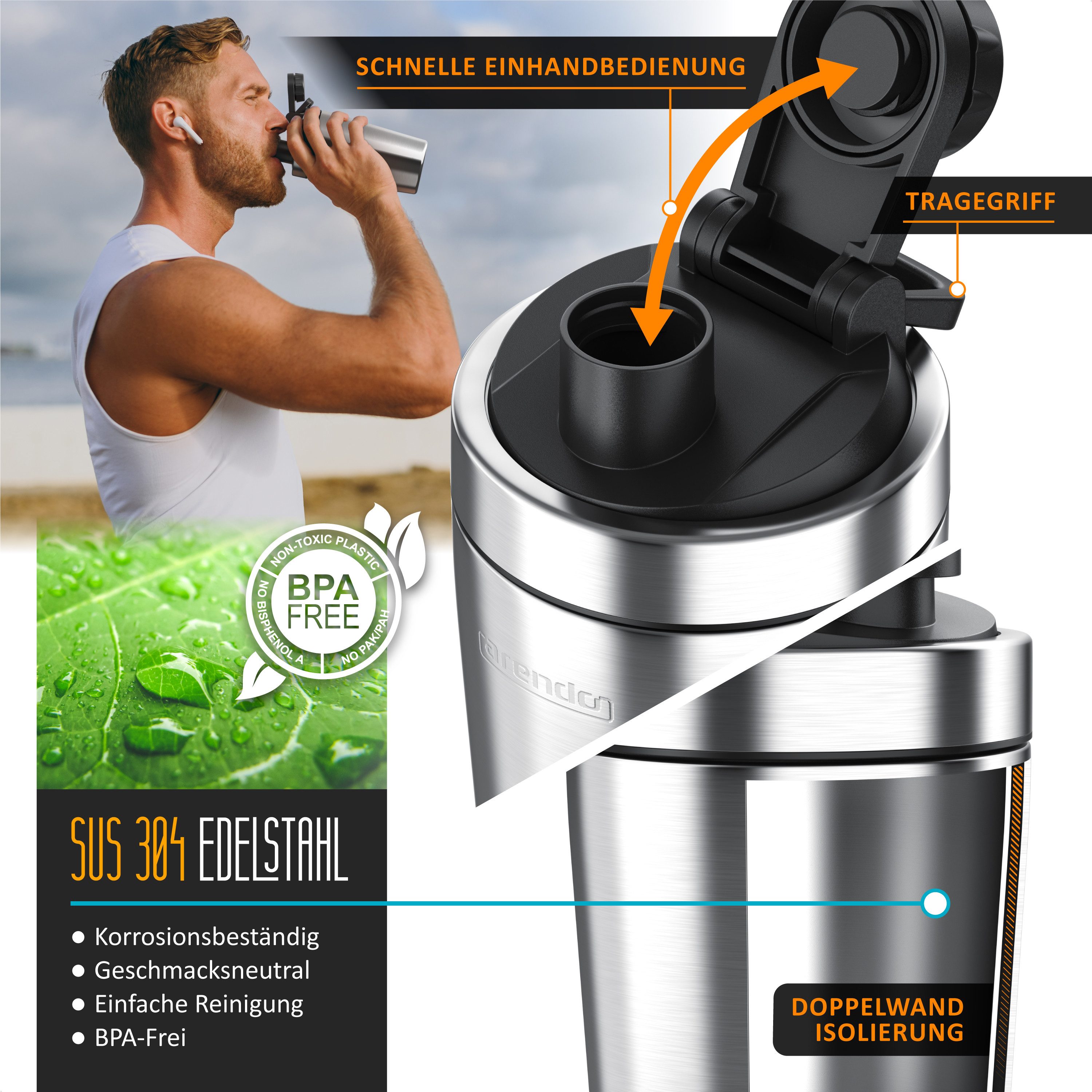 Arendo Protein Shaker Edelstahl Eiweißshaker 500 ml, verschließbar, bruchfest, BPA-frei, Edelstahl, auslaufsicher, spülmaschinengeeignet, mit Tragegriff und Mixball