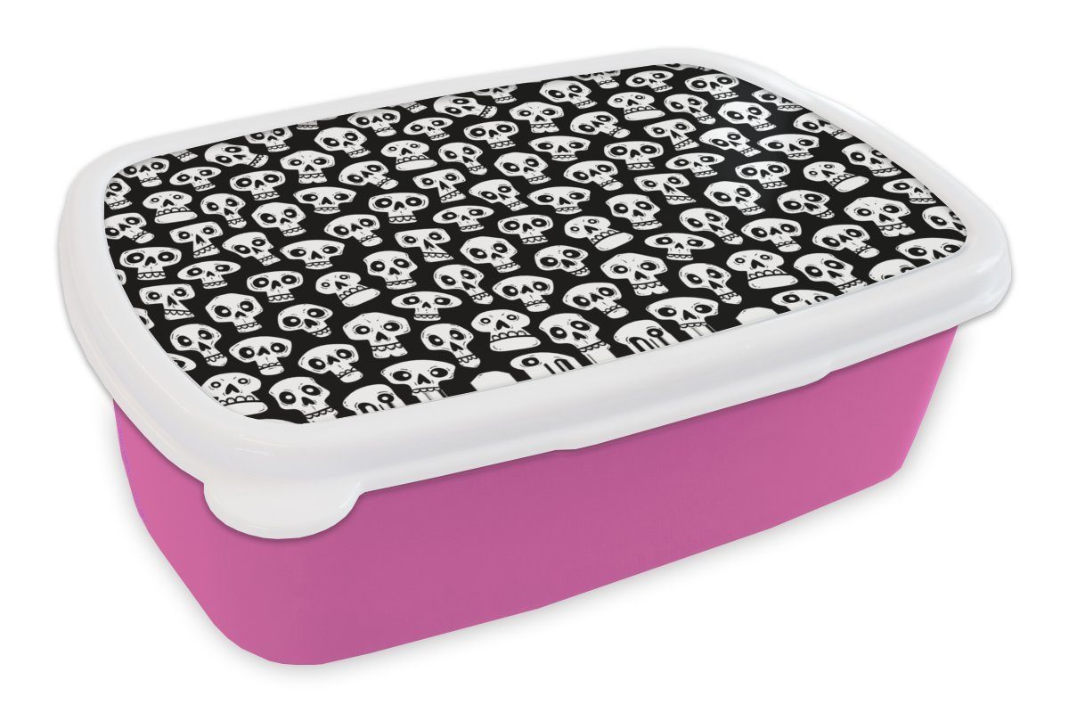 MuchoWow Lunchbox Muster - Totenkopf - Schwarz und Weiß, Kunststoff, (2-tlg), Brotbox für Erwachsene, Brotdose Kinder, Snackbox, Mädchen, Kunststoff rosa