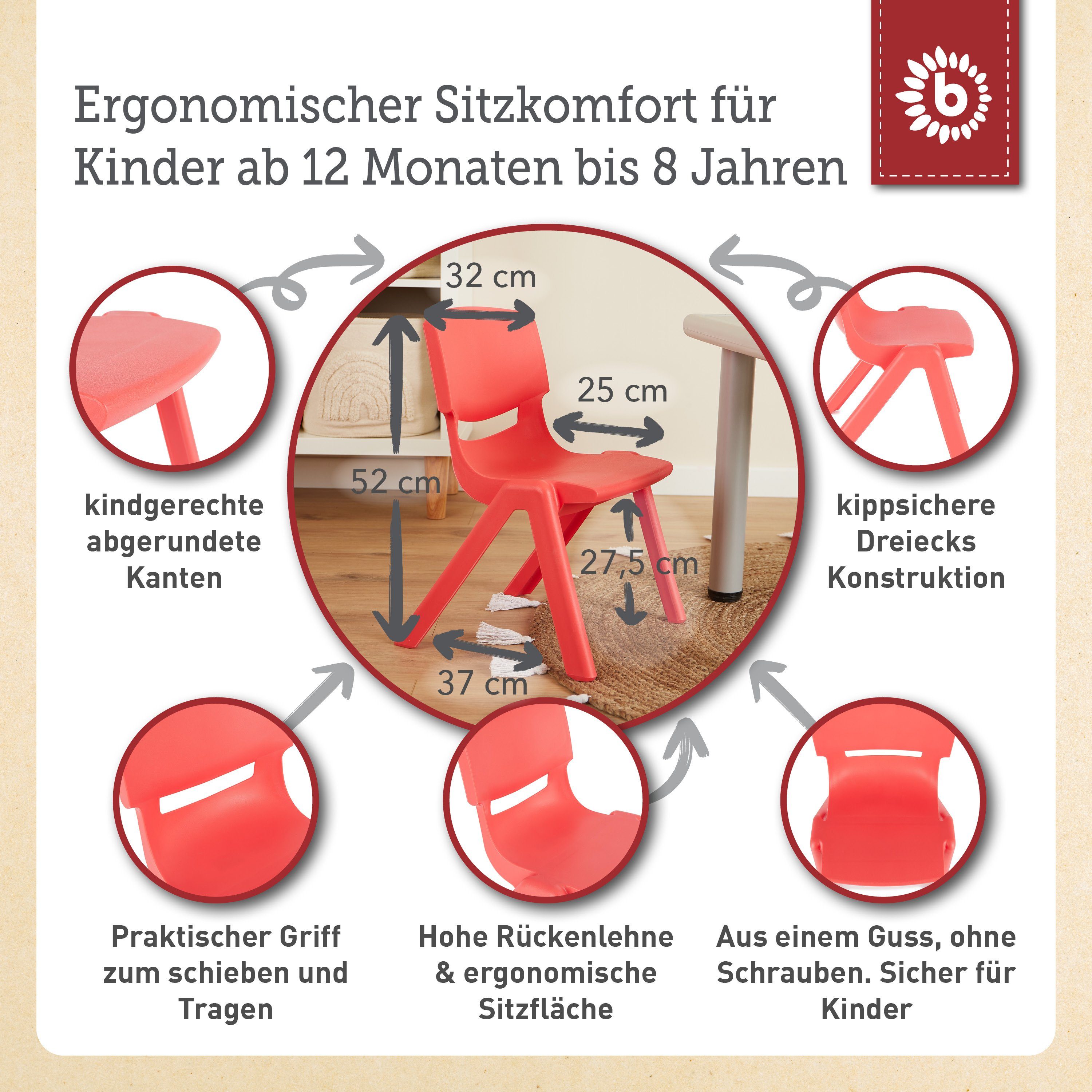 BIECO Stuhl Bieco Kinderstuhl bis 80 kg belastbar, stapelbar & kippsicher Stuhl