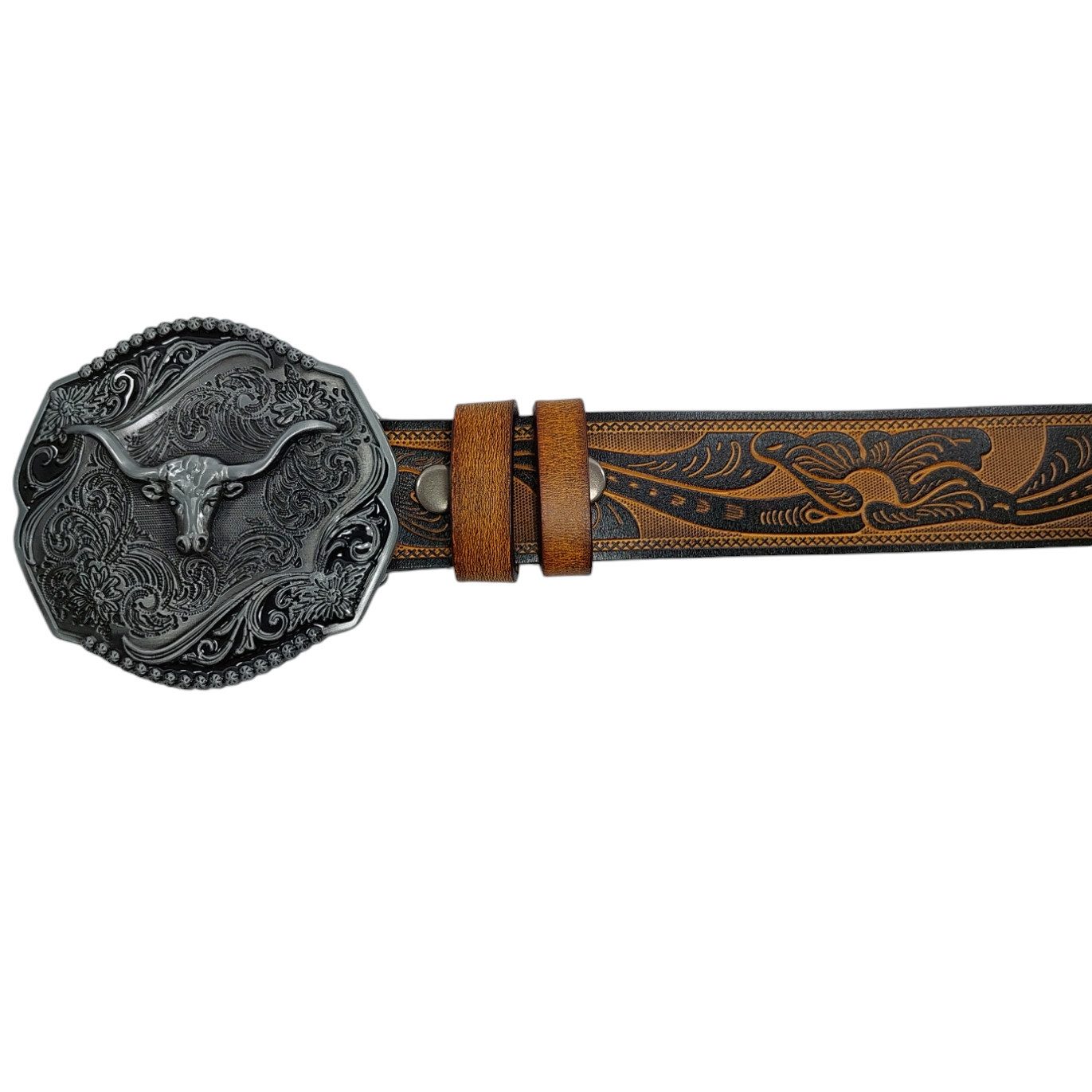 Ware aus aller Welt Ledergürtel Wild West Wechselgürtel Western Gürtel mit Longhorn Gürtelschnalle