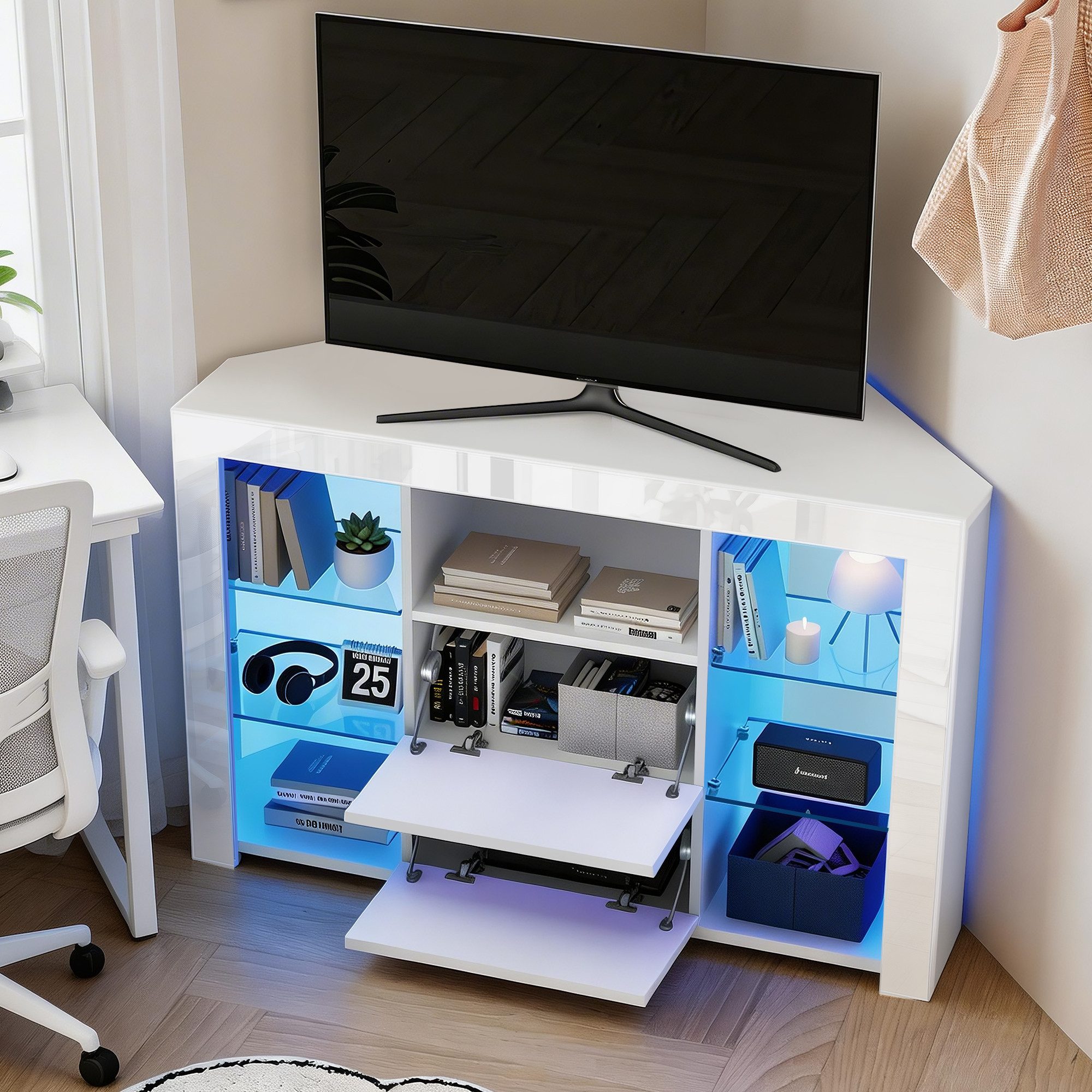 oyajia Lowboard TV Eckschrank Fernsehtisch Hochglanz mit LED-Beleuchtung 100x40x68 cm (mit 16 Led Farben Beleuchtung), TV-Schrank mit 2 Schränken & offenen Regalen