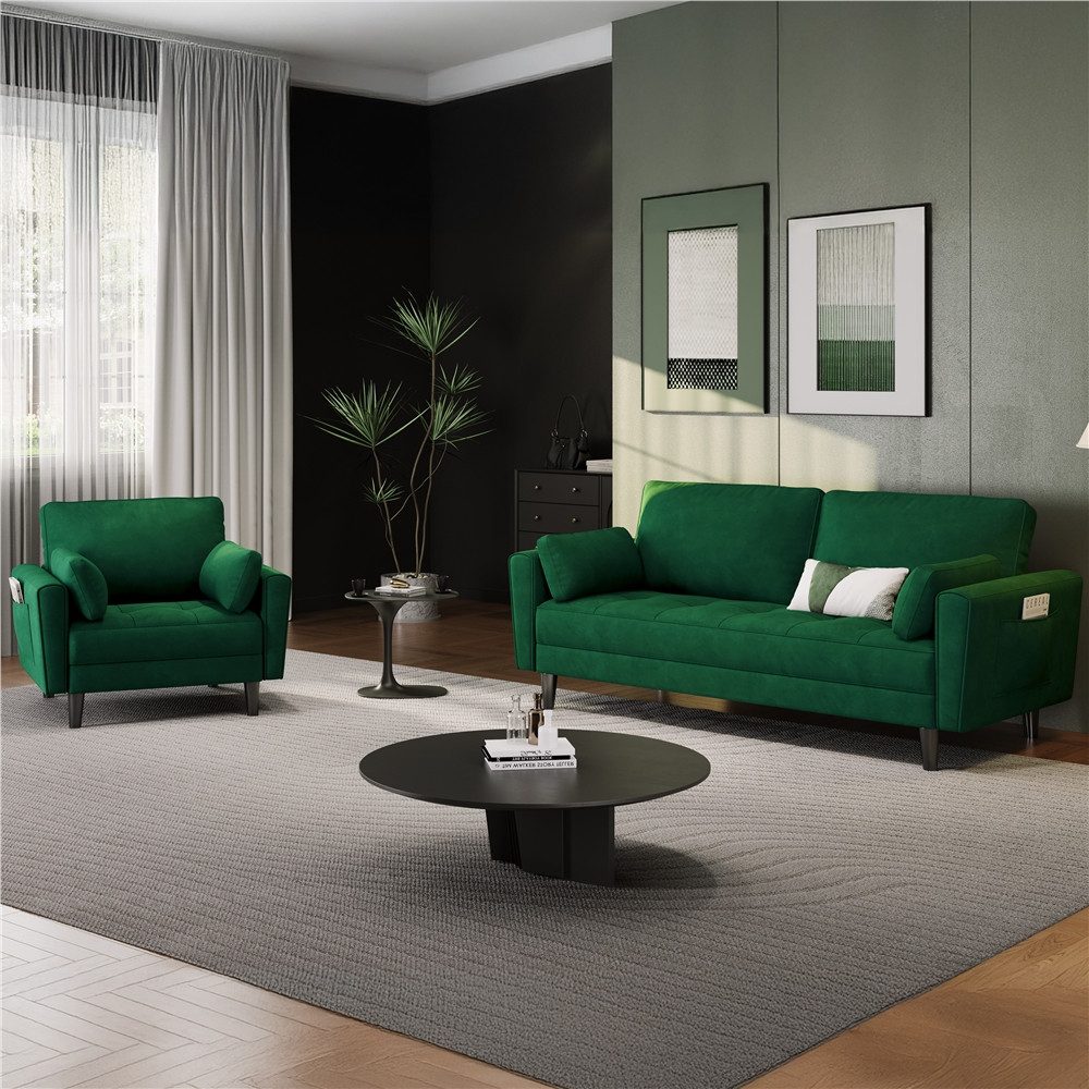 Yaheetech Sofa Einzelsofa, Polstersofa mit Rückenkissen & 2 Seitenkissen & 2 Aufbewahrungstaschen