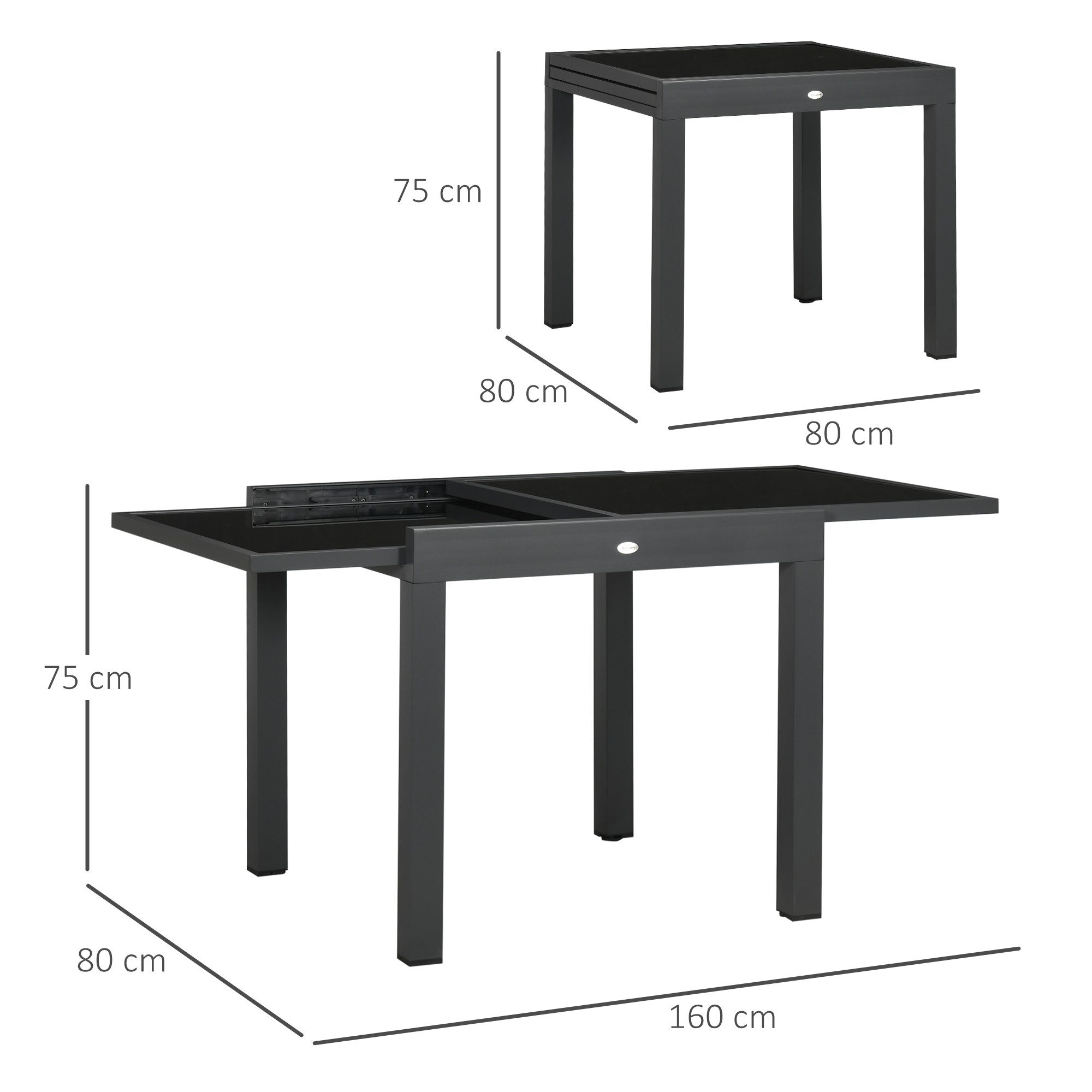 Outsunny Gartentisch Esstisch für Garten mit Klappbarer Tischplatte (Terrassentisch mit Tischplatte, 1-St., Balkontisch), aus Glas, Schwarz, 160 x 80 x 75 cm