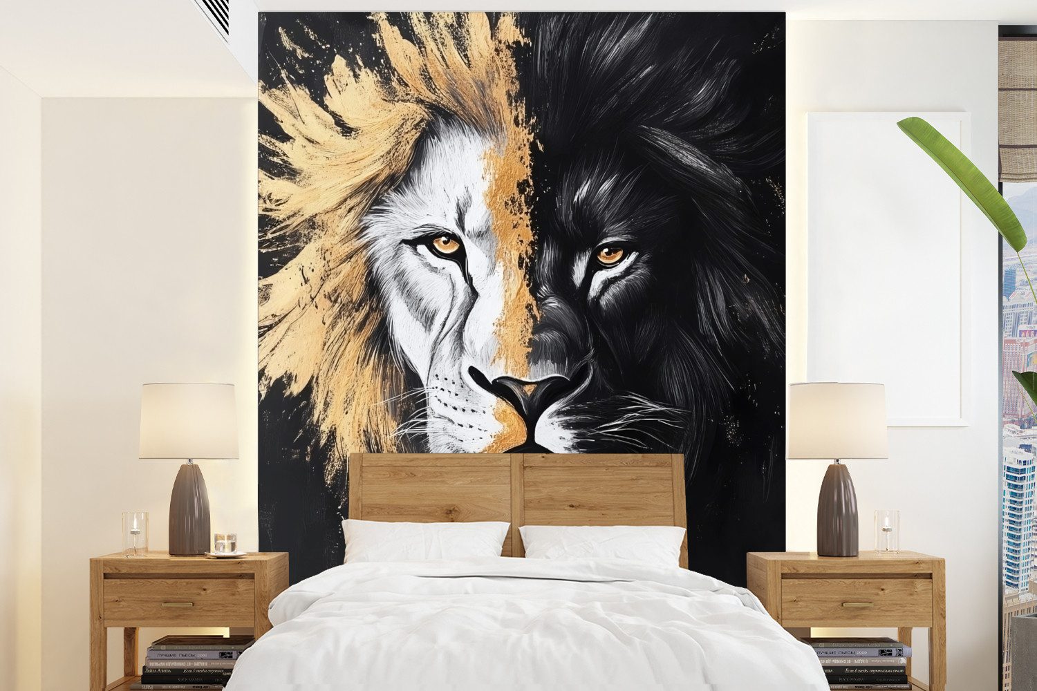 MuchoWow Fototapete Löwe - Split - Schwarz - Linie, Matt, bedruckt, Wallpaper für Wohnzimmer, Schlafzimmer, Vinyl Tapete, 165x220 cm