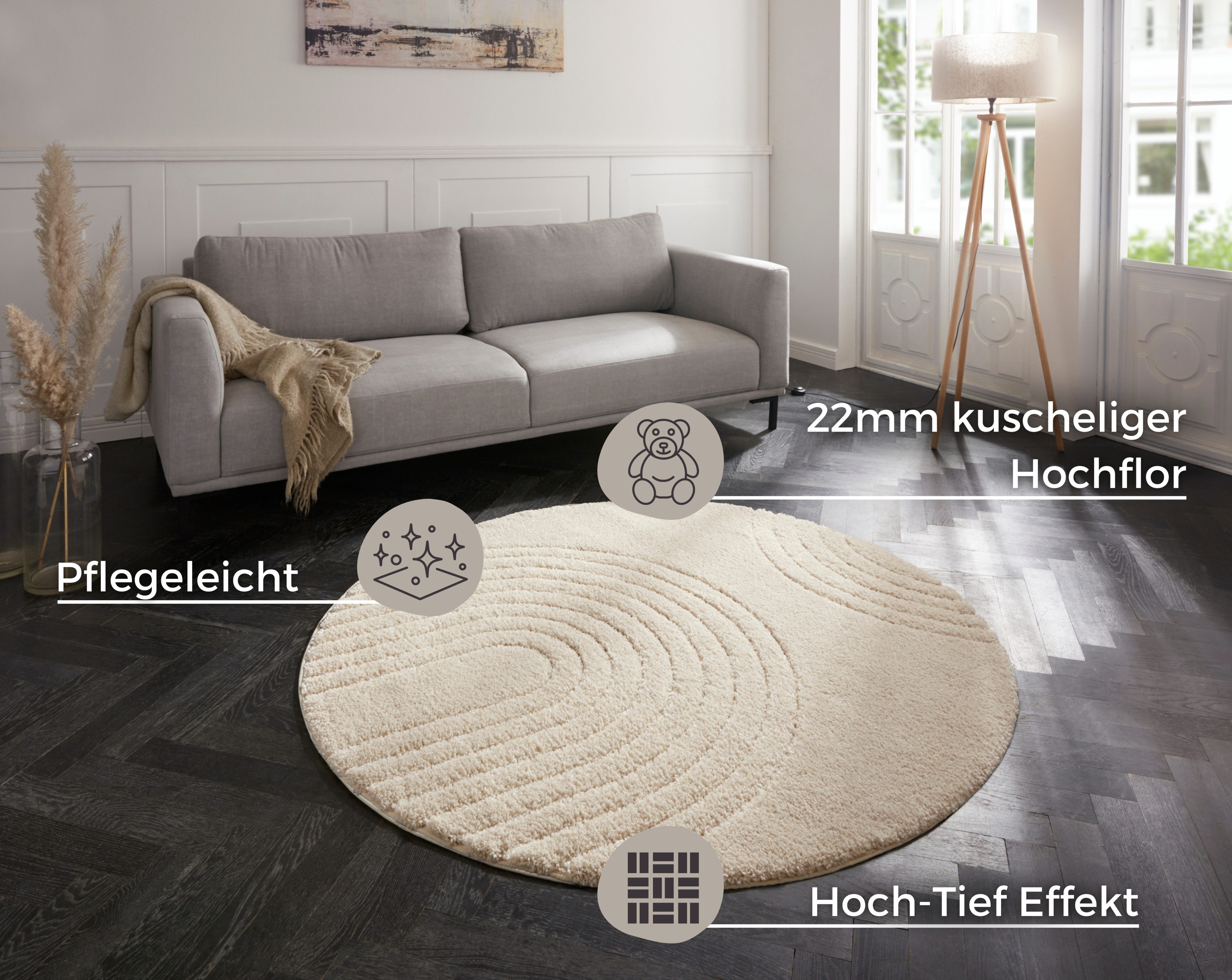HANSE Home Teppich Fergus, rund, Höhe: 22 mm, Shaggy, Weich, Skandi, Flauschig, Wohnzimmer, Schlafzimmer, Flur