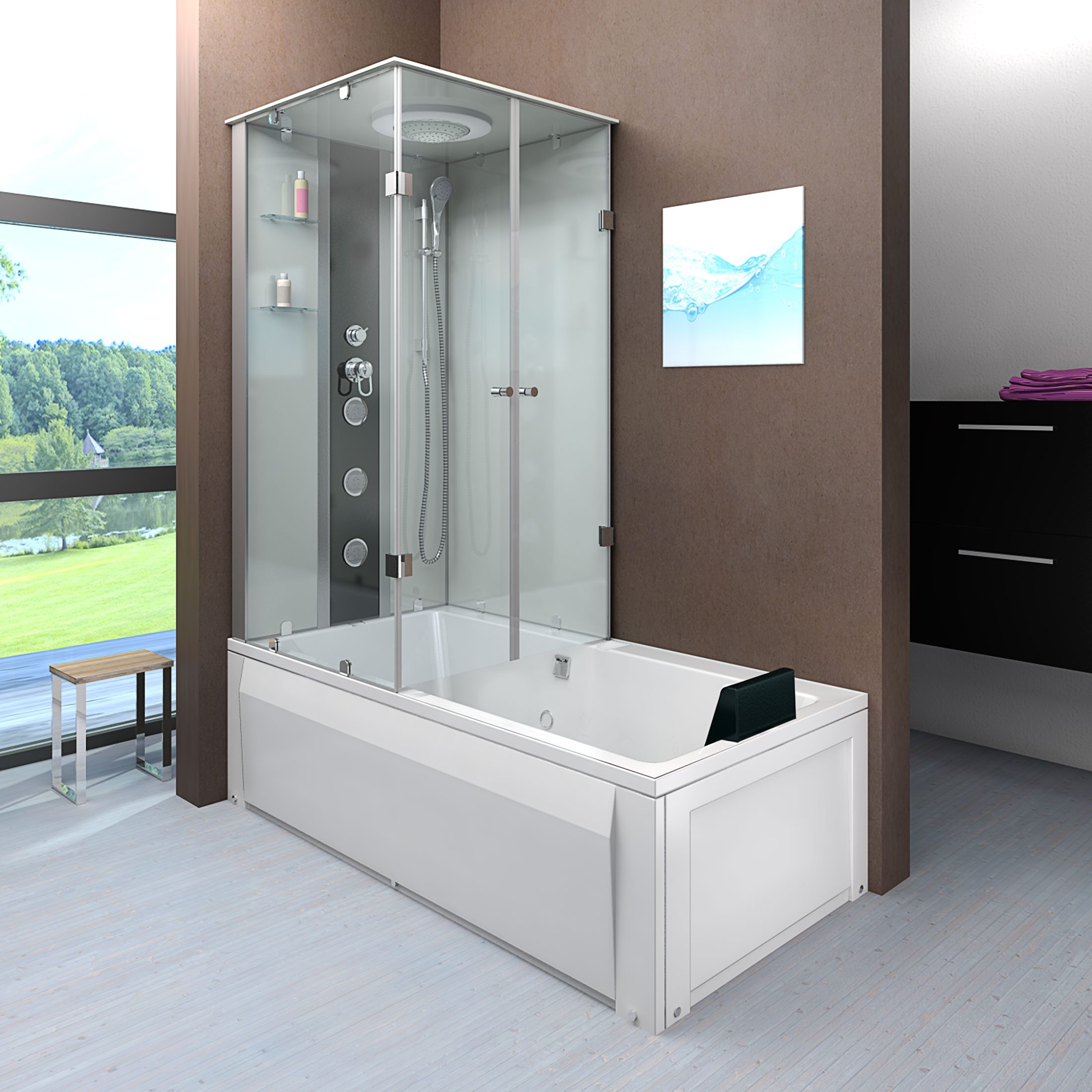 AcquaVapore Grossraumdusche Dusche Wanne Kombination K05-R00-ALL 90x180, Sicherheitsglas ESG, Nackenstütze