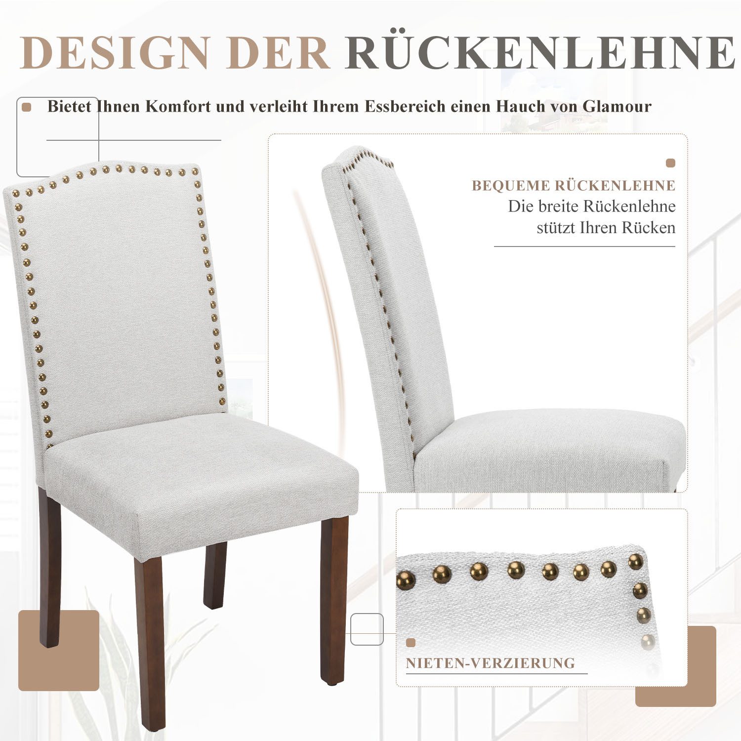 IDEASY Esszimmerstuhl 2er-Set Esszimmerstühle aus Leinen, ohne Armlehnen, 113 kg belastbar (Zwei Sets), 93x41x36cm, genietete Rückenlehne, für Küche/Esszimmer/Schlafzimmer