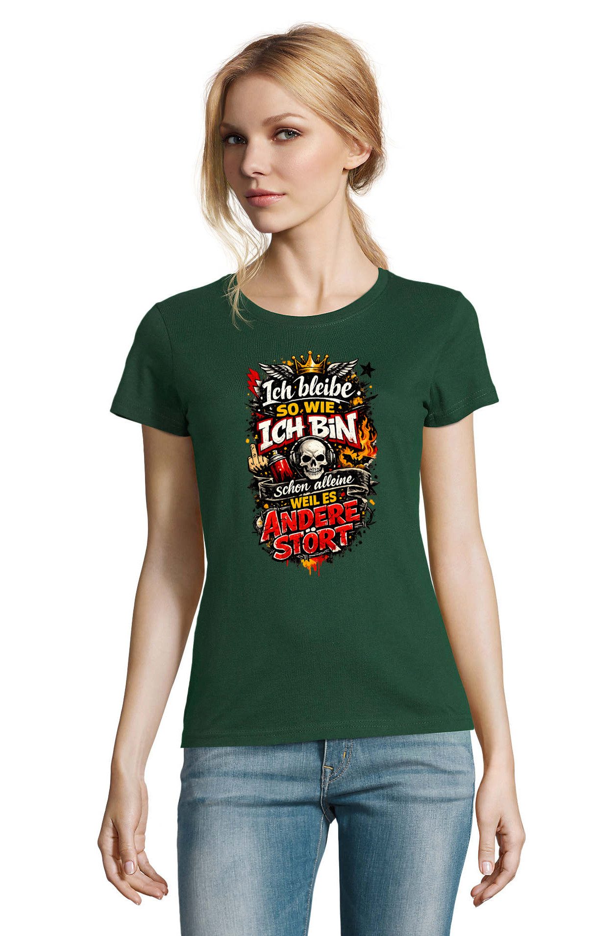 Blondie & Brownie T-Shirt Bleibe Wie Ich Bin Damen Tee Shirt Statement Print Baumwolle Rundhals (Einzelstück, Einzelartikel) BleibeWieIchBin Statement Printshirt