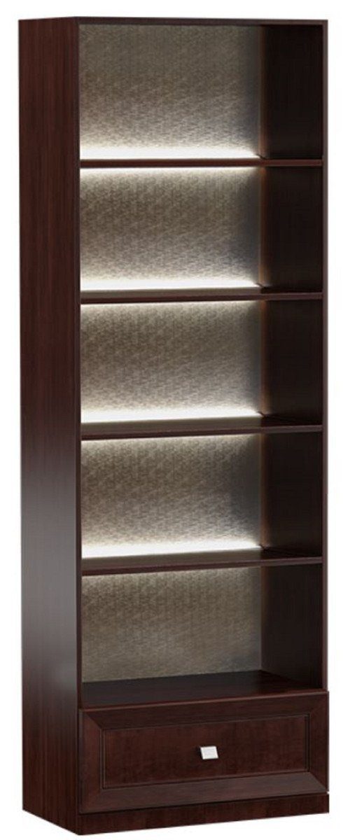 Casa Padrino Stauraumschrank Luxus Regalschrank Dunkelbraun / Silber 70,4 x 44,2 x H. 225,6 cm - Beleuchteter Büroschrank mit Schublade