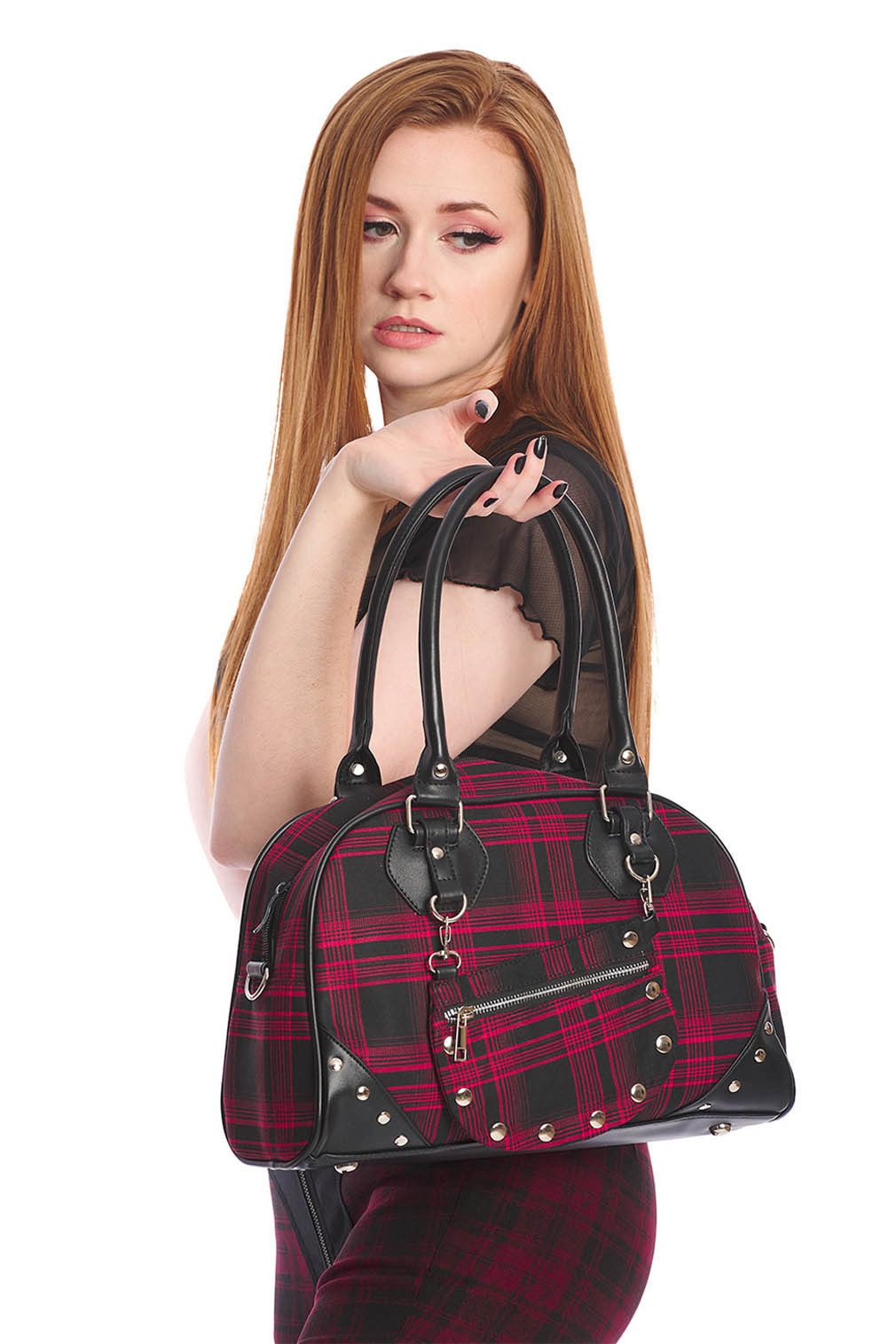 Banned Handtasche Warren Plaid Rot, Punk Kariert Nieten Tartan