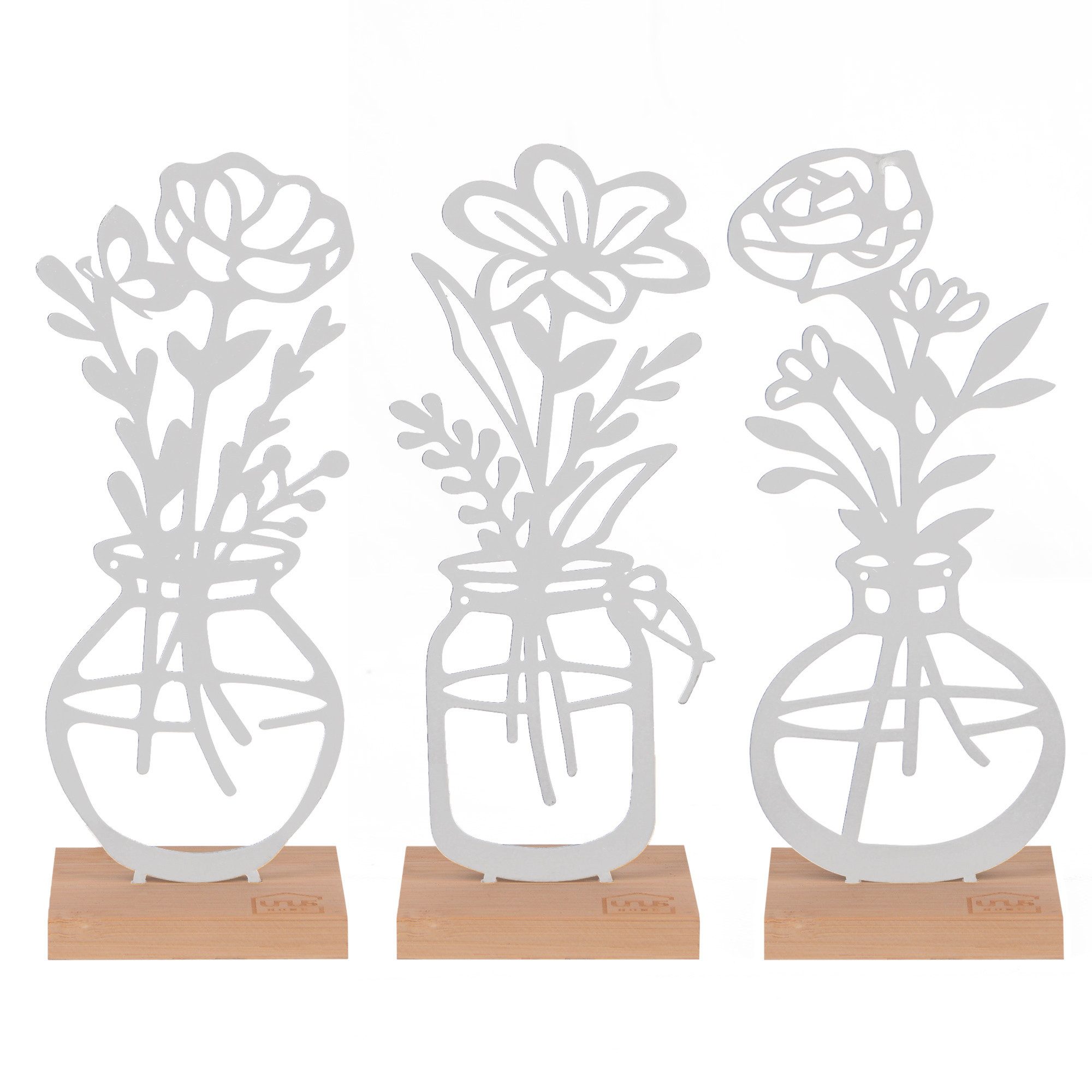 UNUS HOME Dekofigur Deko-Aufsteller 3er Set „Vase mit Blumen“ (3er Set, weiß), Blumendeko fürs Wohnzimmer oder Fensterbank oder Flur