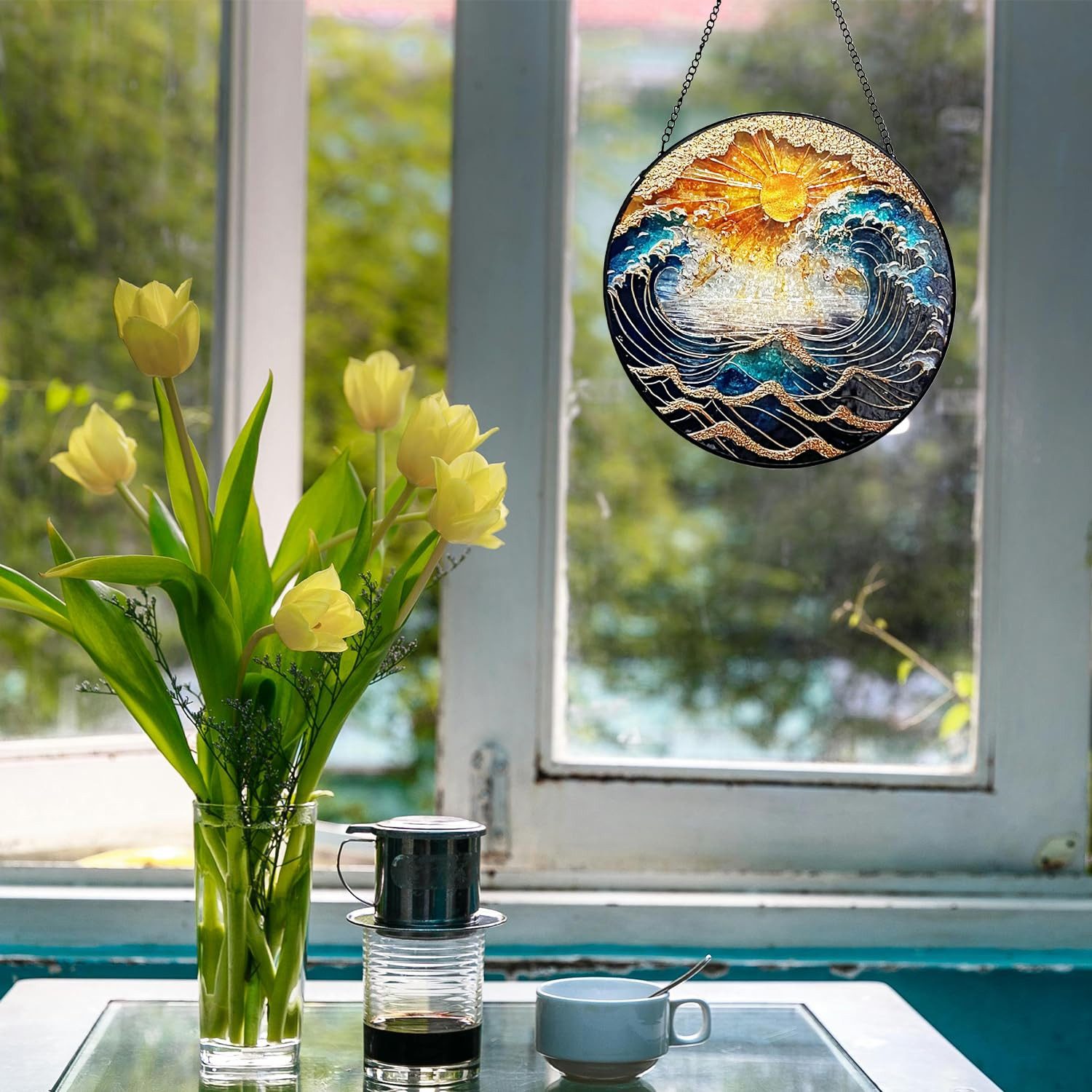 BlingBin Fensterdekoration Farbenfroher handbemalter Glas-Sonnenfänger mit Wellenmotiv 20 cm, Dekorativer Fenster und Wandanhänger für Innen- und Außenbereich