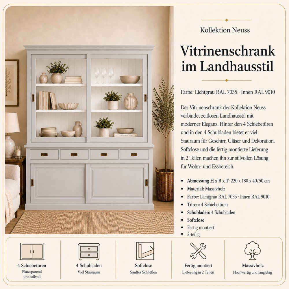 Wohnpalast Vitrine Vitrinen Schrank Neuss 180 cm Lichtgrau - Vitrine mit Schiebetüren