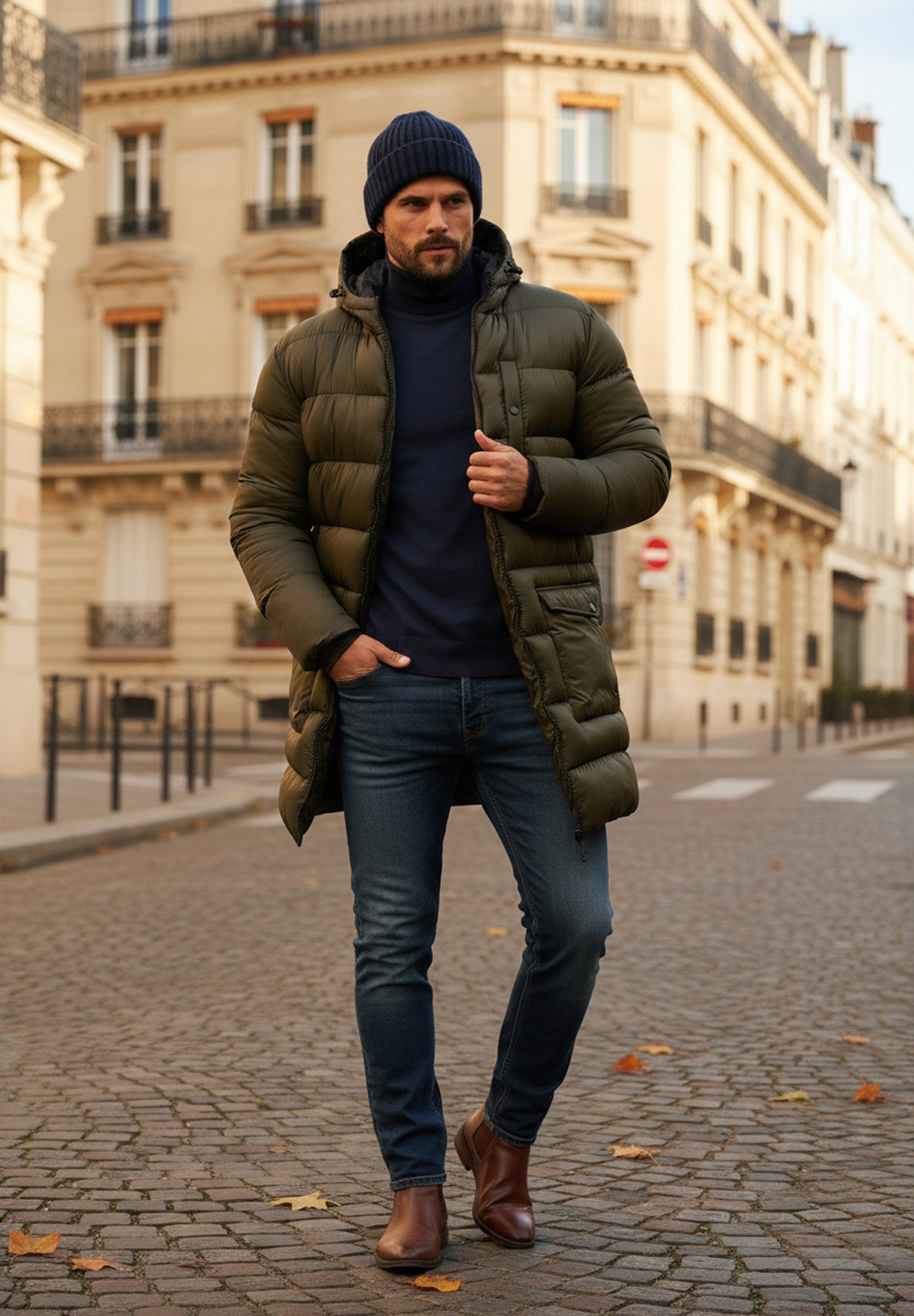 SOULSTAR Parka mit Kapuze als Winterjacke - Langer Steppmantel Herren warme Pufferjacke Steppjacke - Leichter Wintermantel