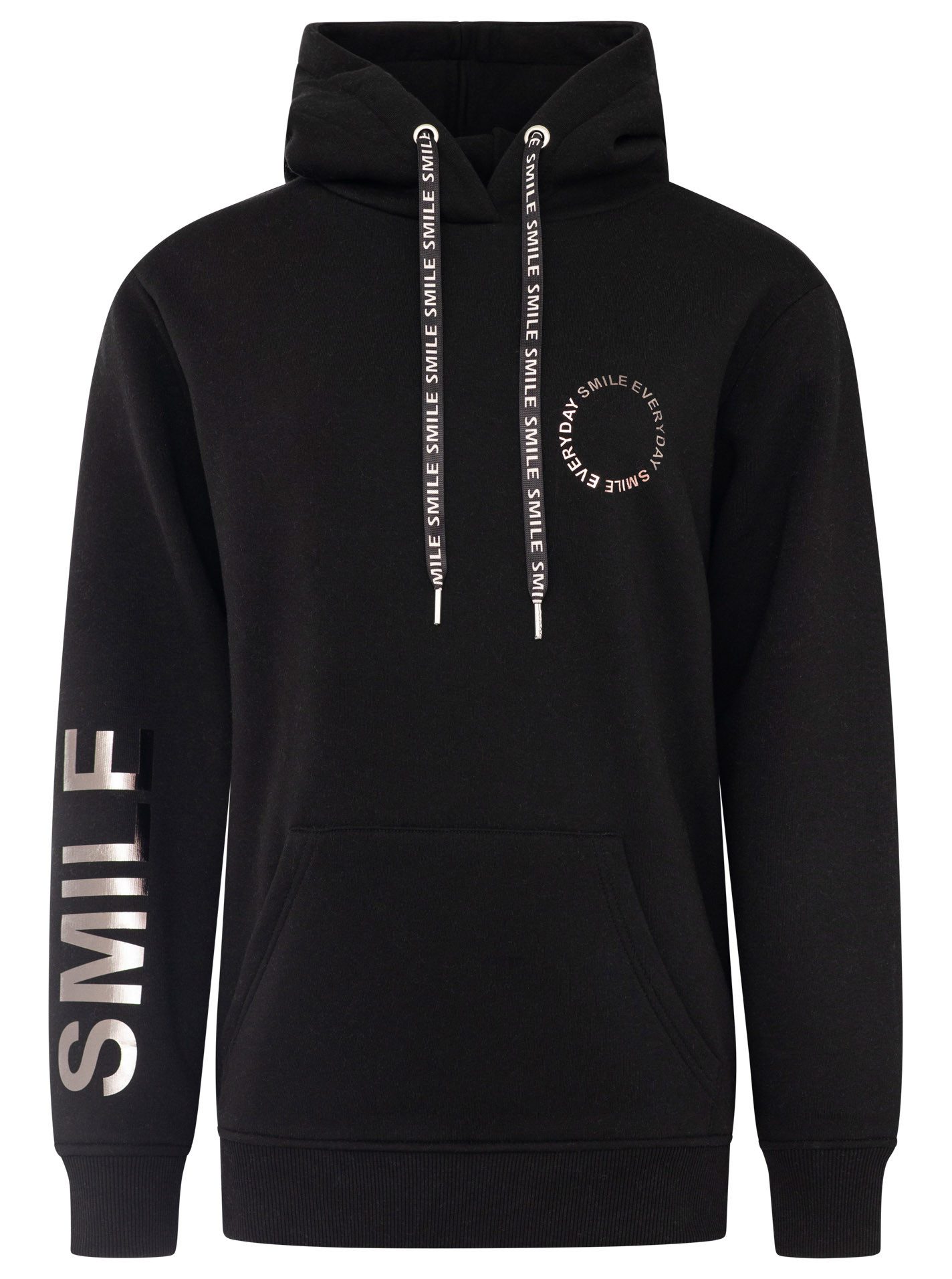 Zwillingsherz Hoodie "SMILE & LAUGH" Print am Arm und Brust, Kapuze mit bedruckter Kordel, Kängurutasche