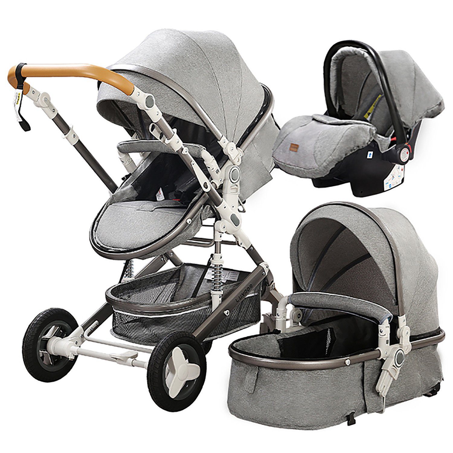 TPFLiving Kombi-Kinderwagen Baby Buggy Babyschale Babywanne 5-Punkt-Sicherheitsgurt Getränkehalter, Sicherheitsschlaufe Kinderwagen 3 in 1 mit Stoßfederung- Grau