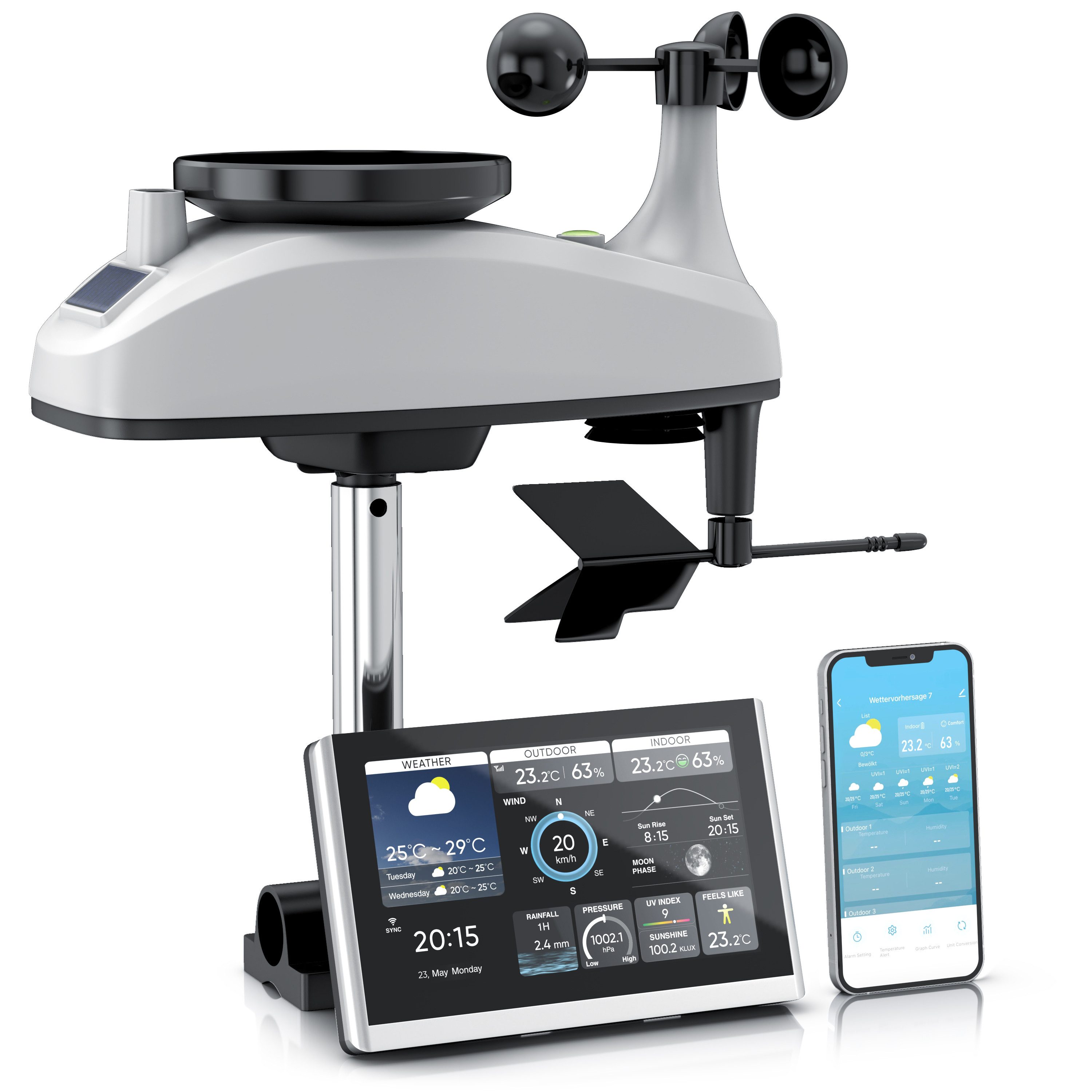 Brandson WIFI / Wlan, mit 7in1 Funk Außensensor, Barometer, Tuya Smart App Wetterstation (mit Außensensor (Temperatur, Luftfeuchtigkeit, Wind, Regen, Luftdruck), Wecker, Wetter Prognose, Temperaturtrend, UV, Mondphase)