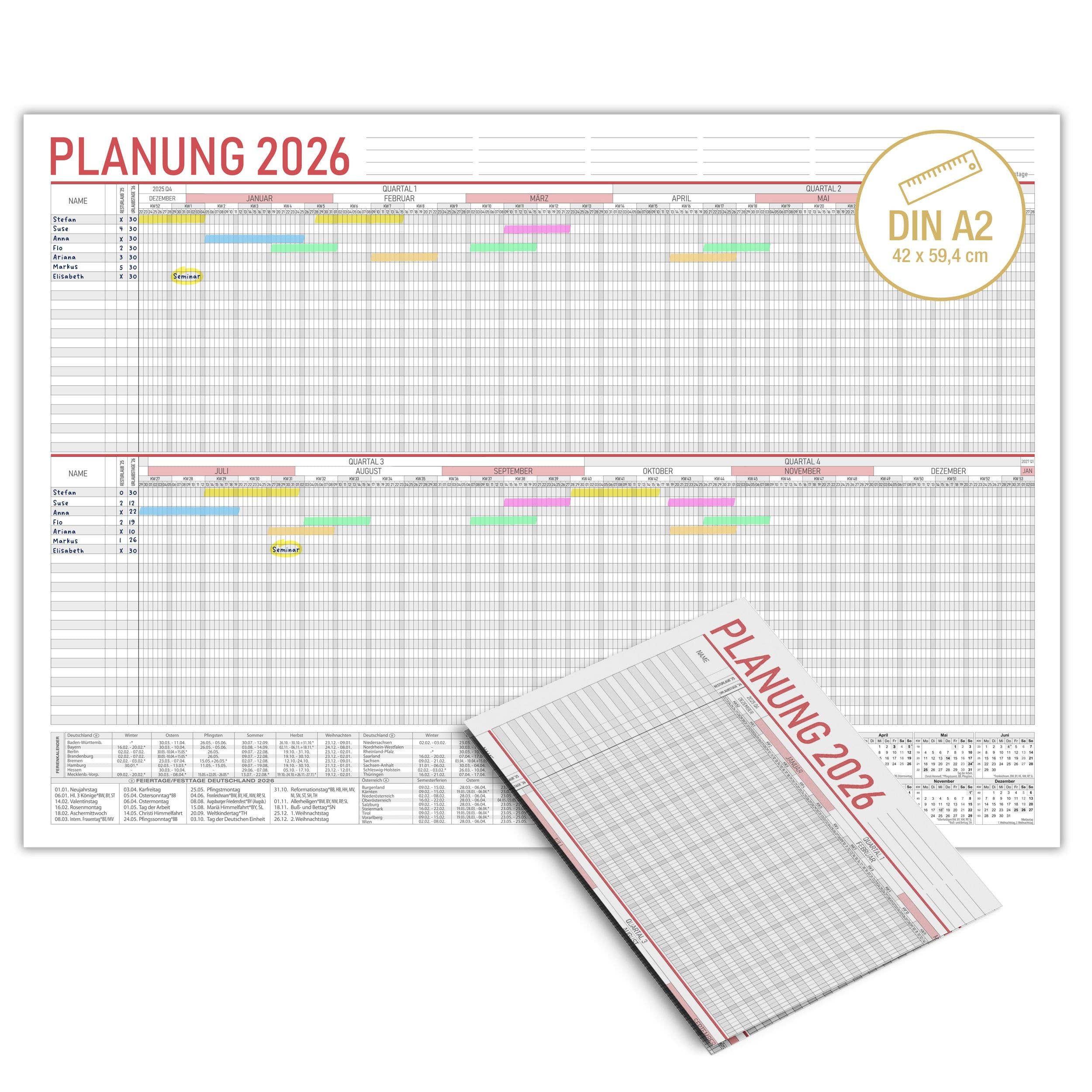 TOBJA Wandkalender A2 Urlaubsplaner 2026 Mitarbeiterplaner Schichtplaner (42 x 60 cm), Urlaubskalender Mitarbeiterplaner Dienstplan Projektplaner